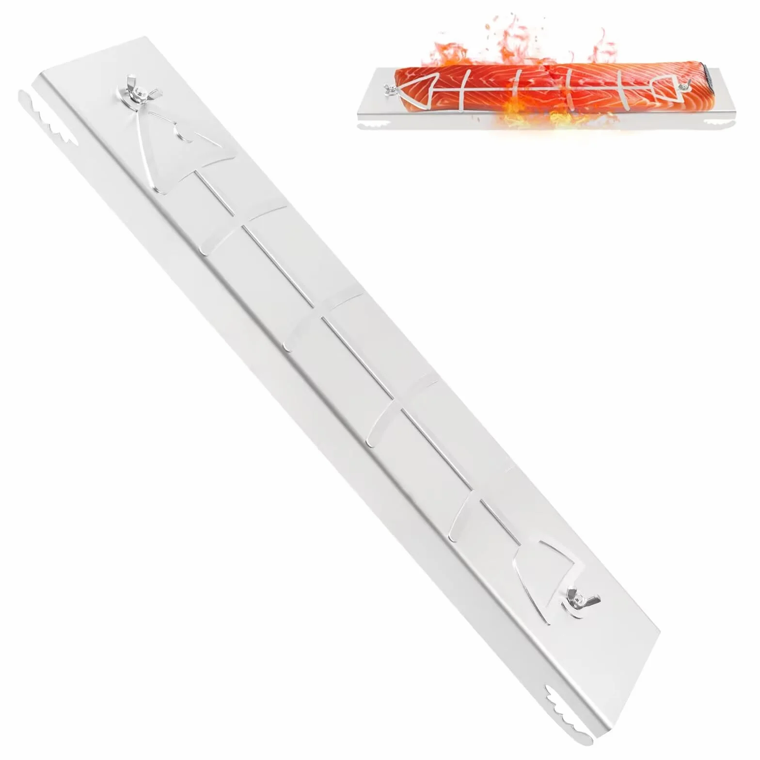 Planche à saumon flammé en acier inoxydable 52 cm x 11,7 cm x 3 cm pour braseros et barbecues