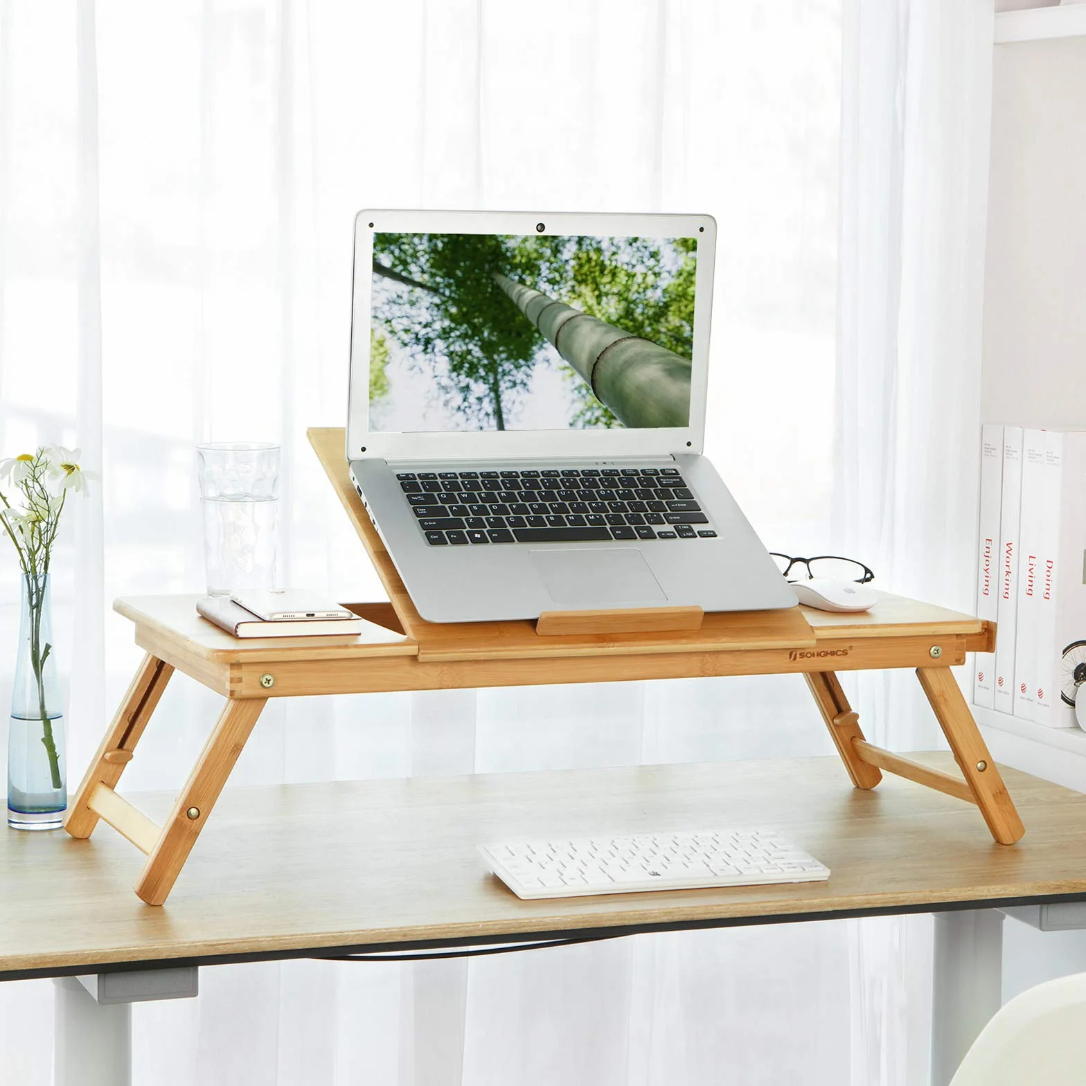 SONGMICS Table de lit pliable en bambou pour ordinateur portable, Plateau ajustable 5 positions, 72 x 21-29 x 35 cm, Tiroir LLD004