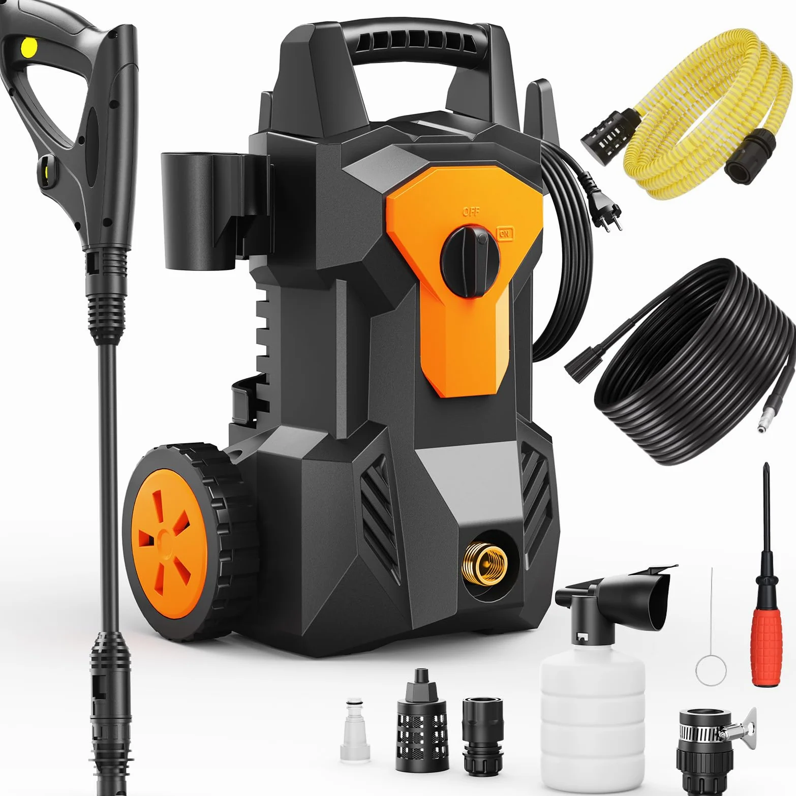 Nettoyeur Haute Pression, Max. 140 Bar, Puissance 1600 W, Débit de 420 l/h, avec Buse Réglable, Pistolet, 8M Tuyau, 2M câble, Pot en Mousse pour Voiture Terrasse Jardin Irrigation