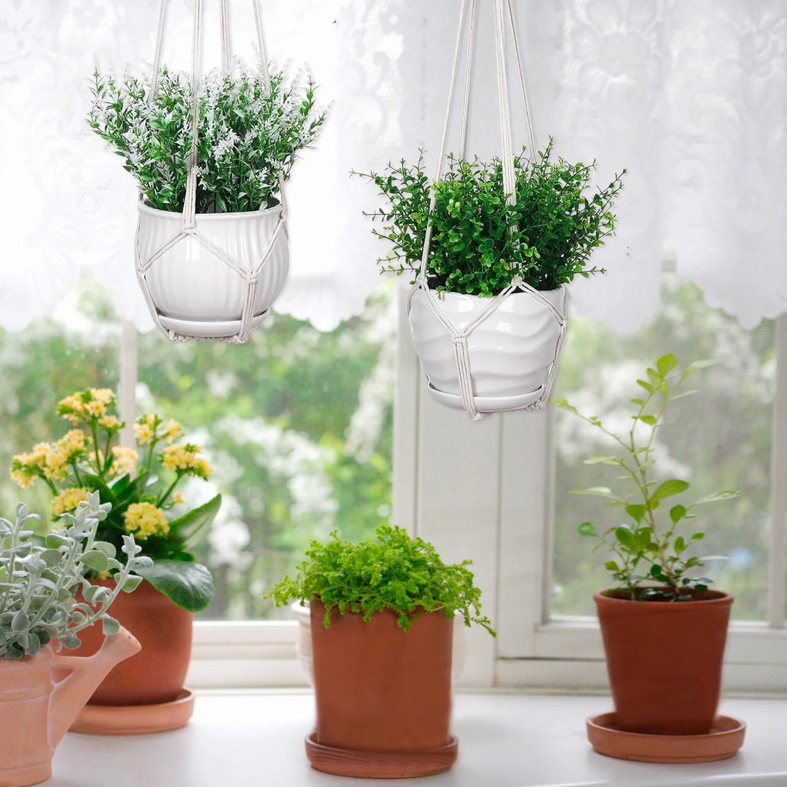 Suspensions pour Plantes en Macramé Lot de 3, Crochets Inclus, Support Intérieur Extérieur, Style Boho, Ivoire