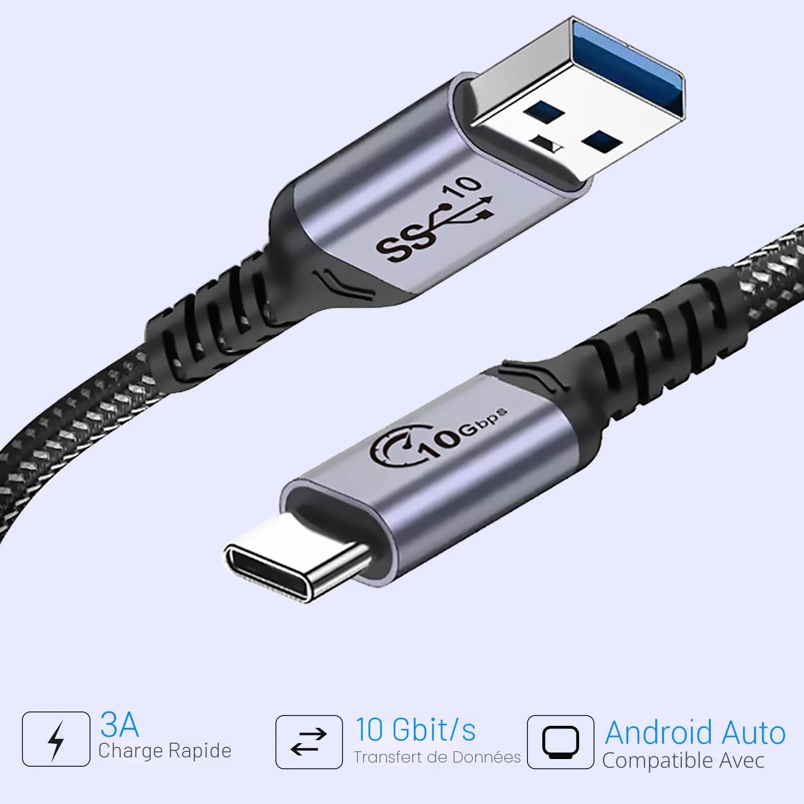 USB Cable 50CM 2 Pack USB A to C 10Gbps USB 3.1 Gen 2 3A Fast Charging Data Transfer for Samsung Galaxy S21 S10 S9 Note 20 iPad Pro GoPro