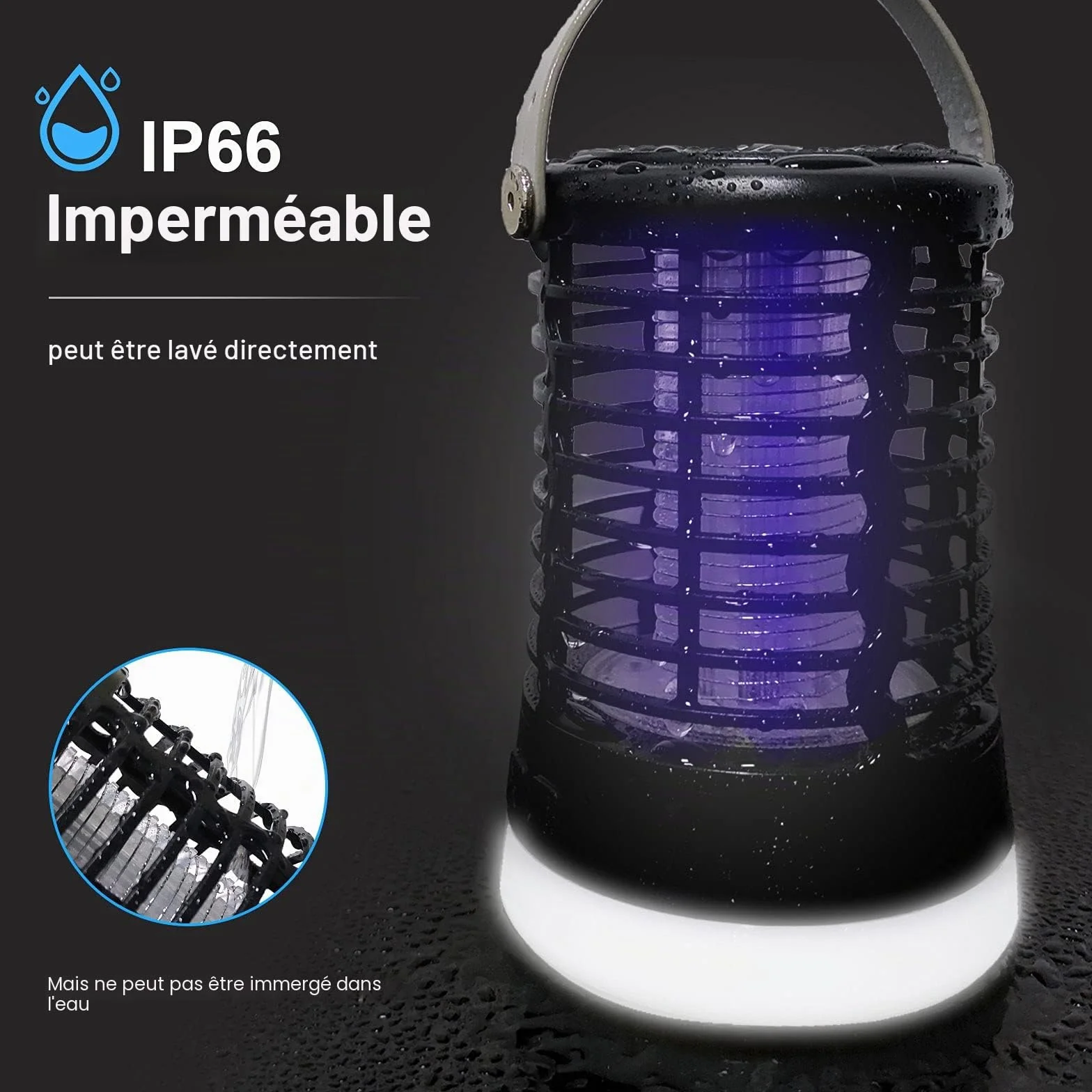 Lampe Anti Moustique Rechargeable 3 en 1 IP66 2200mAh USB Piège à Moustiques pour Intérieur et Extérieur