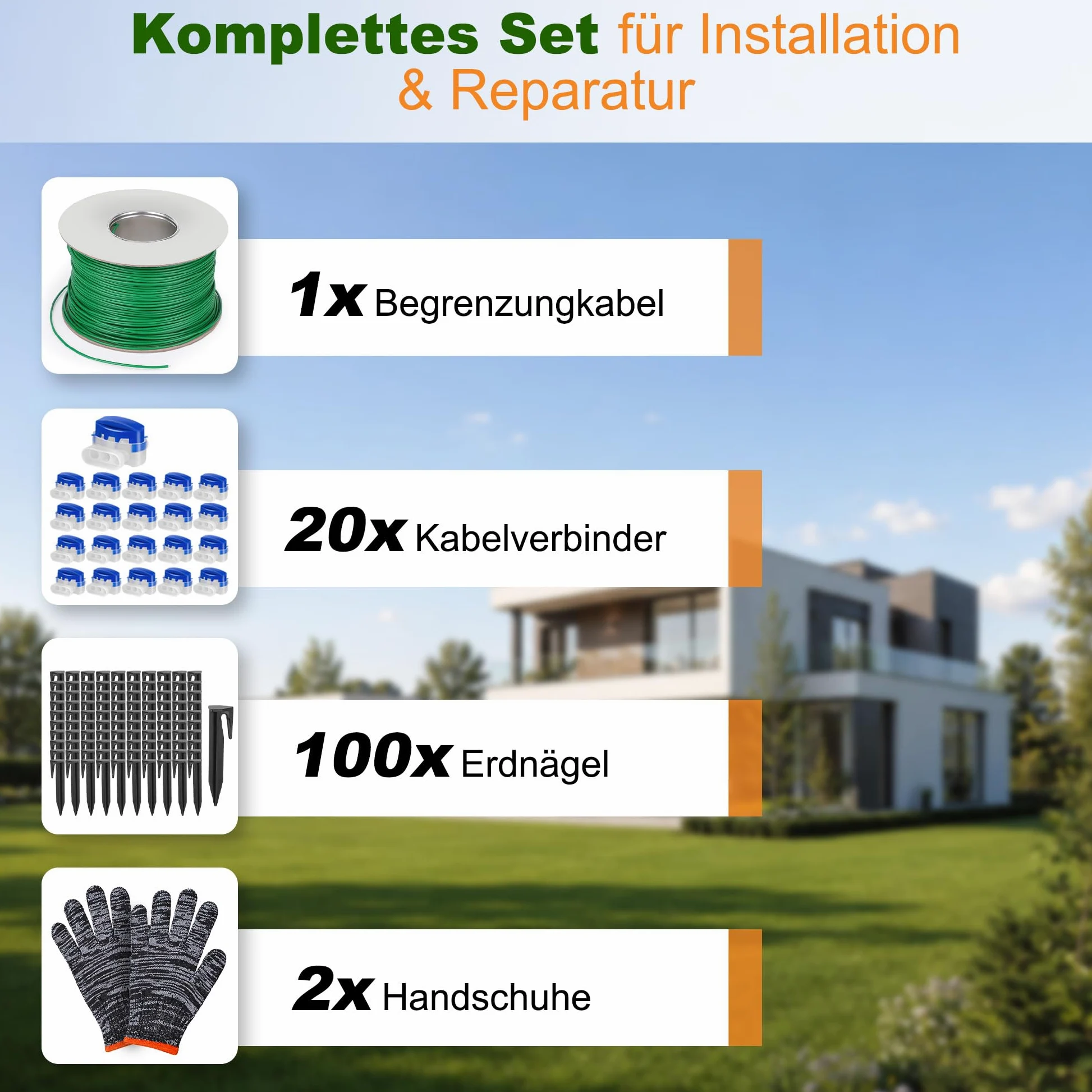 200m Kit de Cable Périphérique Robot Tondeuse, Fil Tondeuse Robot | Comprend 100 Piquets, 20 Connecteurs de Câble et Gants, Compatible avec Gardena, Bosch, Husqvarna, Worx, Honda, etc