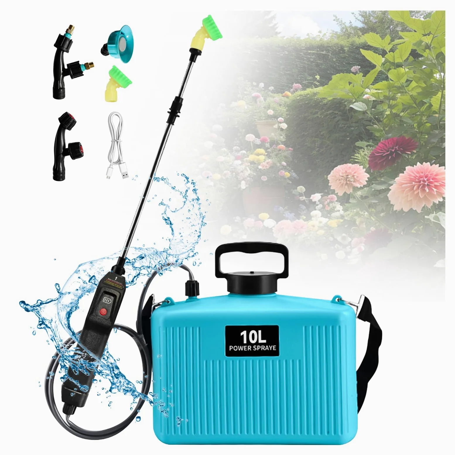 Pulvérisateur de jardin électrique à piles 10 L avec poignée rechargeable USB 4000 mAh avec 4 buses