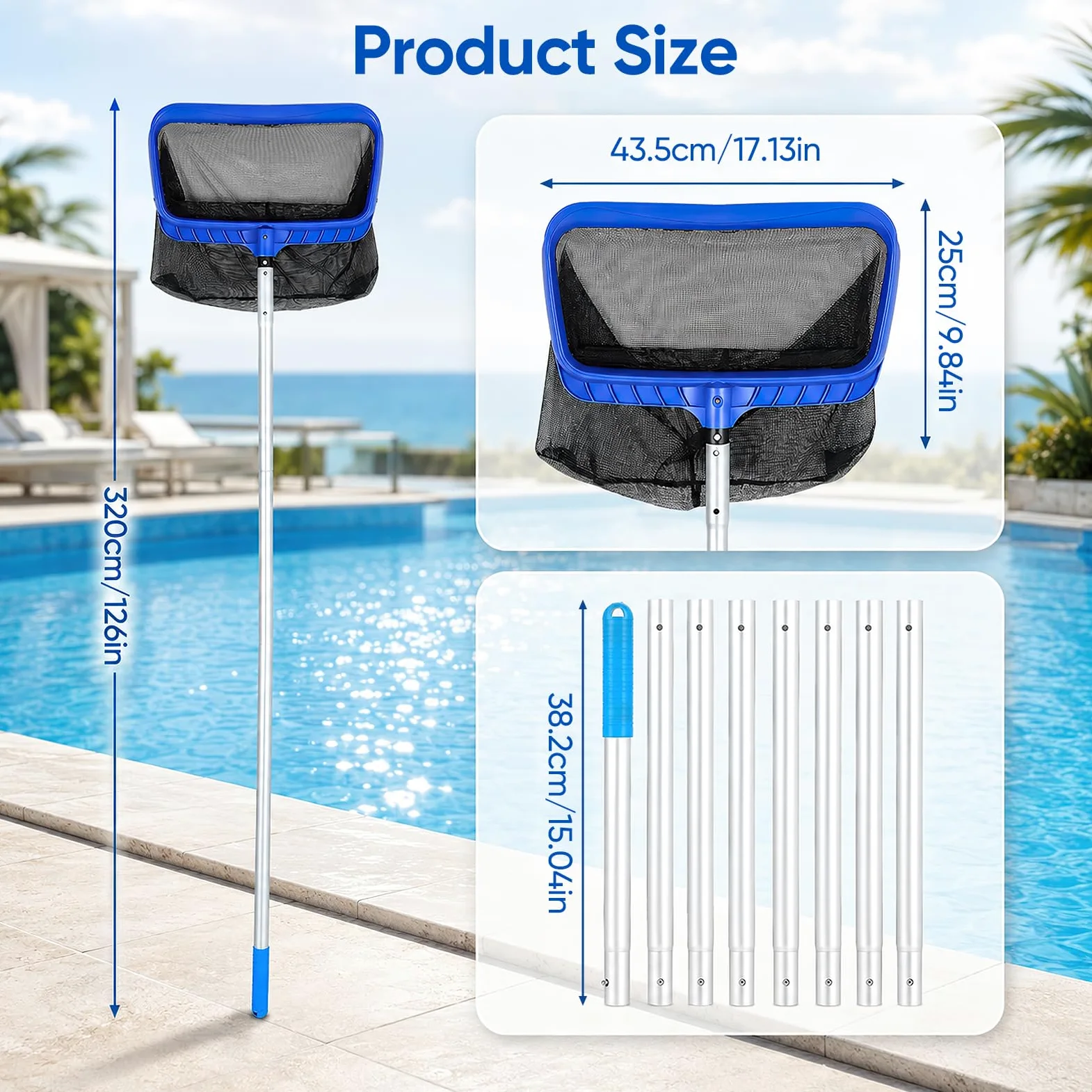 Épuisette de piscine avec tige télescopique - 320 cm - Maille fine - Avec filet de 43,5 cm de profondeur - Épuisette de sol - Épuisette aux algues pour piscine, étang, jacuzzi, spa
