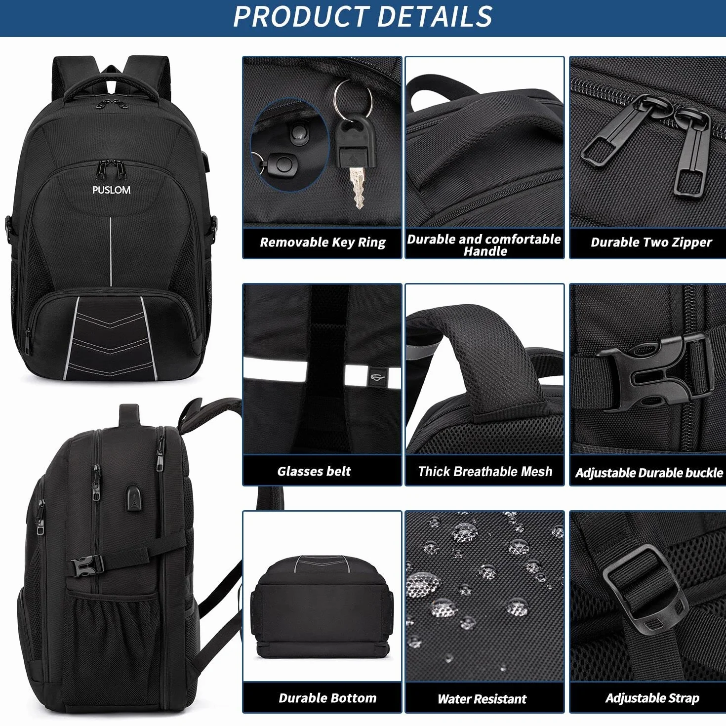 Sac à Dos Homme Grand 55L Antivol Imperméable avec Chargement USB pour Ordinateur Portable Voyage - Noir
