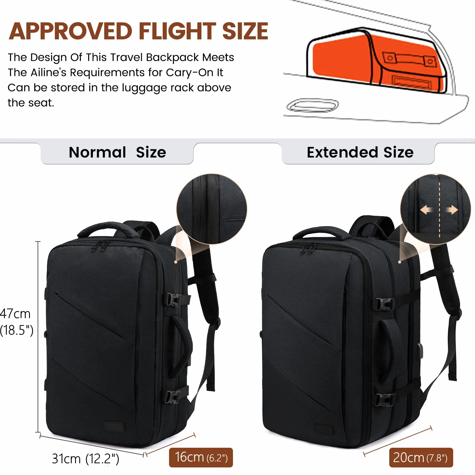 LOVEVOOK Sac à Dos Cabine Grand 30L Antivol Voyage Avion Bagage à Main Homme Femme Ordinateur Portable 15.6 Pouces Résistant Aux Éclaboussures Noir