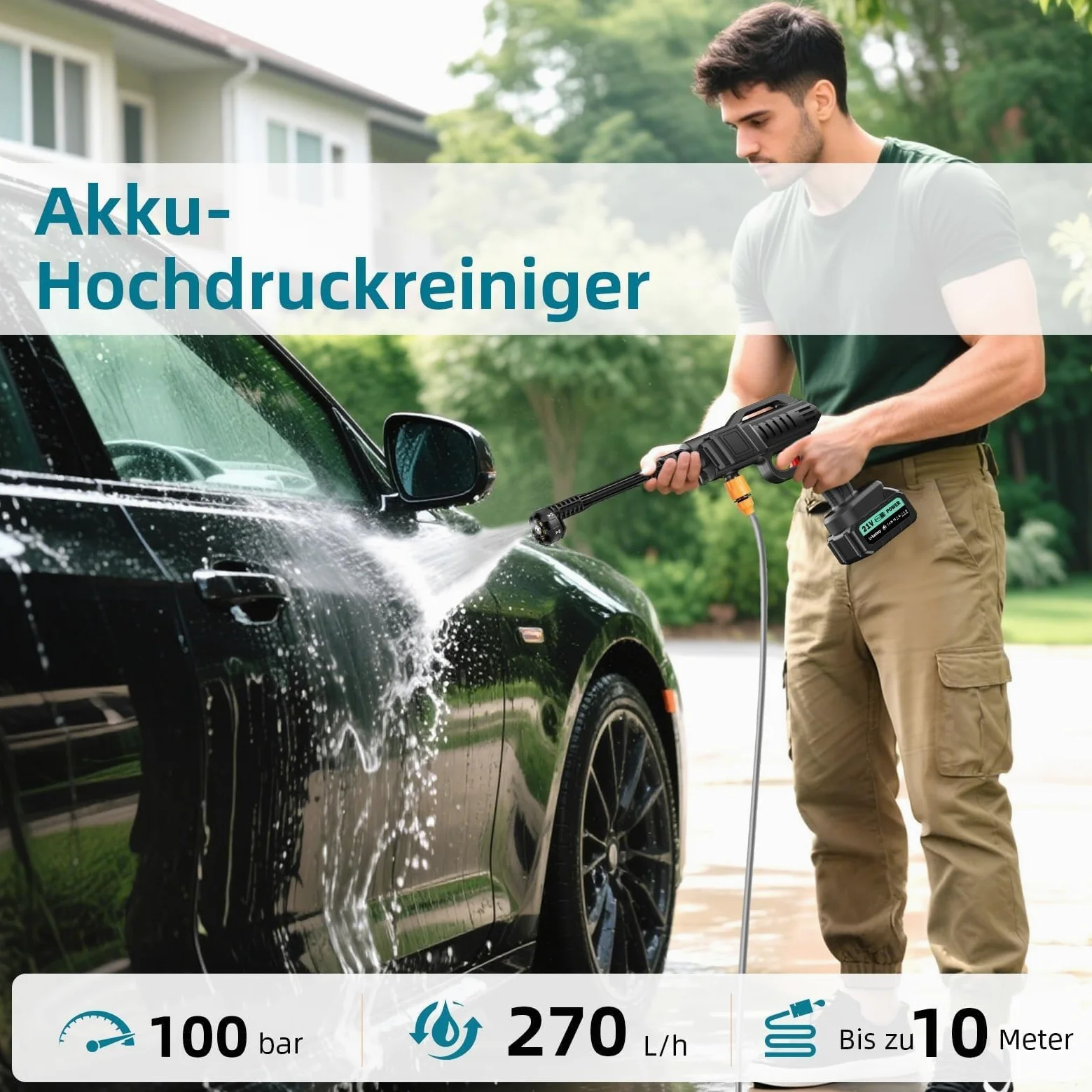 papasbox Nettoyeur Haute Pression sans Fil 100 Bar 270 l/h avec 2X Batteries de 3000 mAh pour Voiture Terrasse | Pistolet de Lavage Mobile Portable 6 en 1 Buse Tuyau de 5m