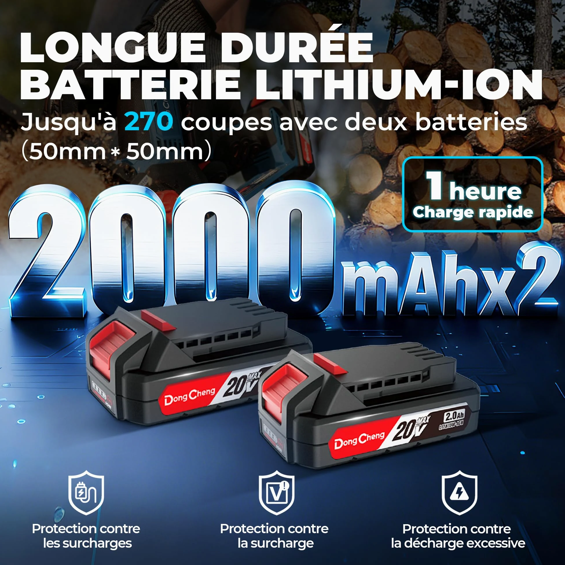 DongCheng mini tronconneuse a batterie 20V, brushless 750W, 2×2000mAh, 8m/s | Jusqu'à 270 coupes dans bois 50×50mm, 1,2kg scie légère à une main, tension de chaîne sans outil, graissage auto, guide 15cm
