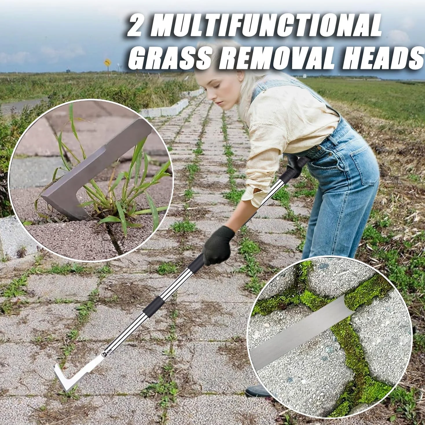 Outil de désherbage de terrasse de 152,4 cm avec long manche, grattoir et brosse métallique 3 en 1, outil de désherbage pour enlever les mauvaises herbes et la mousse, différents outils pour patio