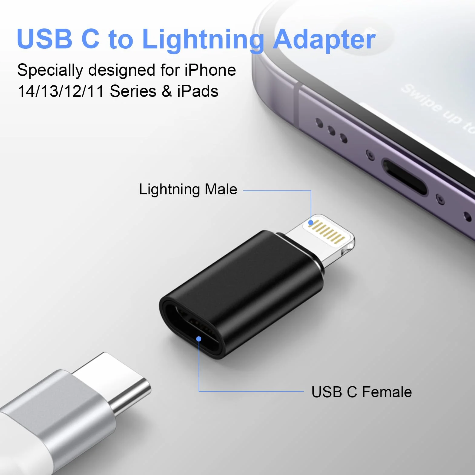 Adaptateur Lightning vers USB C Lot de 4, Charge Rapide et Transfert de Données pour iPhone 14 Pro Max 13 12 11, iPad AirPods