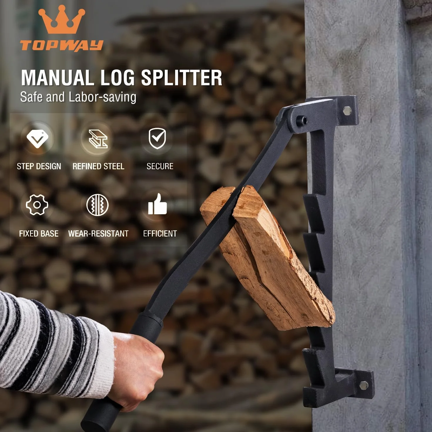 TOPWAY Fendeuse de bûches manuelle à montage mural, fendeuse de bois de chauffage portable avec poignée remplaçable supplémentaire de 40 cm pour la maison, l'intérieur et l'extérieur du camping