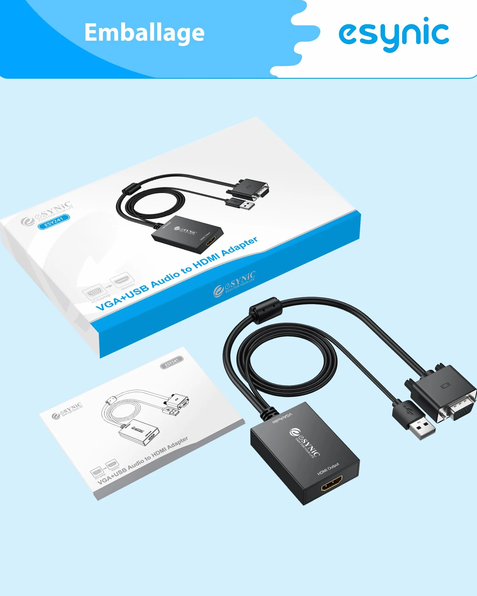 eSynic Adaptateur VGA vers HDMI 1080P Convertisseur VGA à HDMI avec Câble VGA 30cm Câble USB 1M Connecteur Plaqué Or