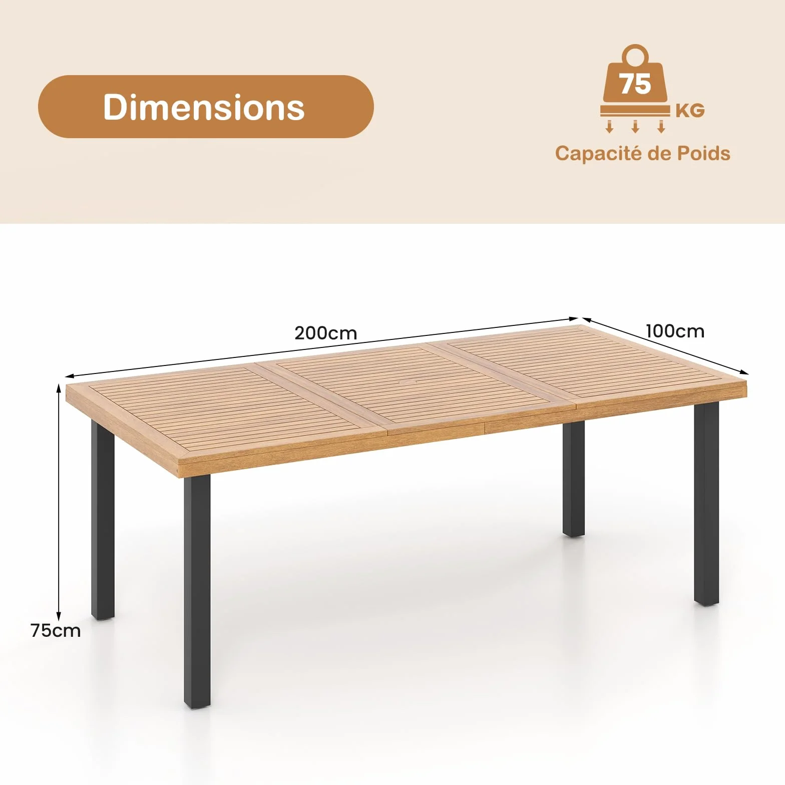 GOPLUS Table de Salle à Manger en Bois d'Acacia FSC 200 x 100 x 75 cm pour 8 Personnes avec Trou pour Parasol