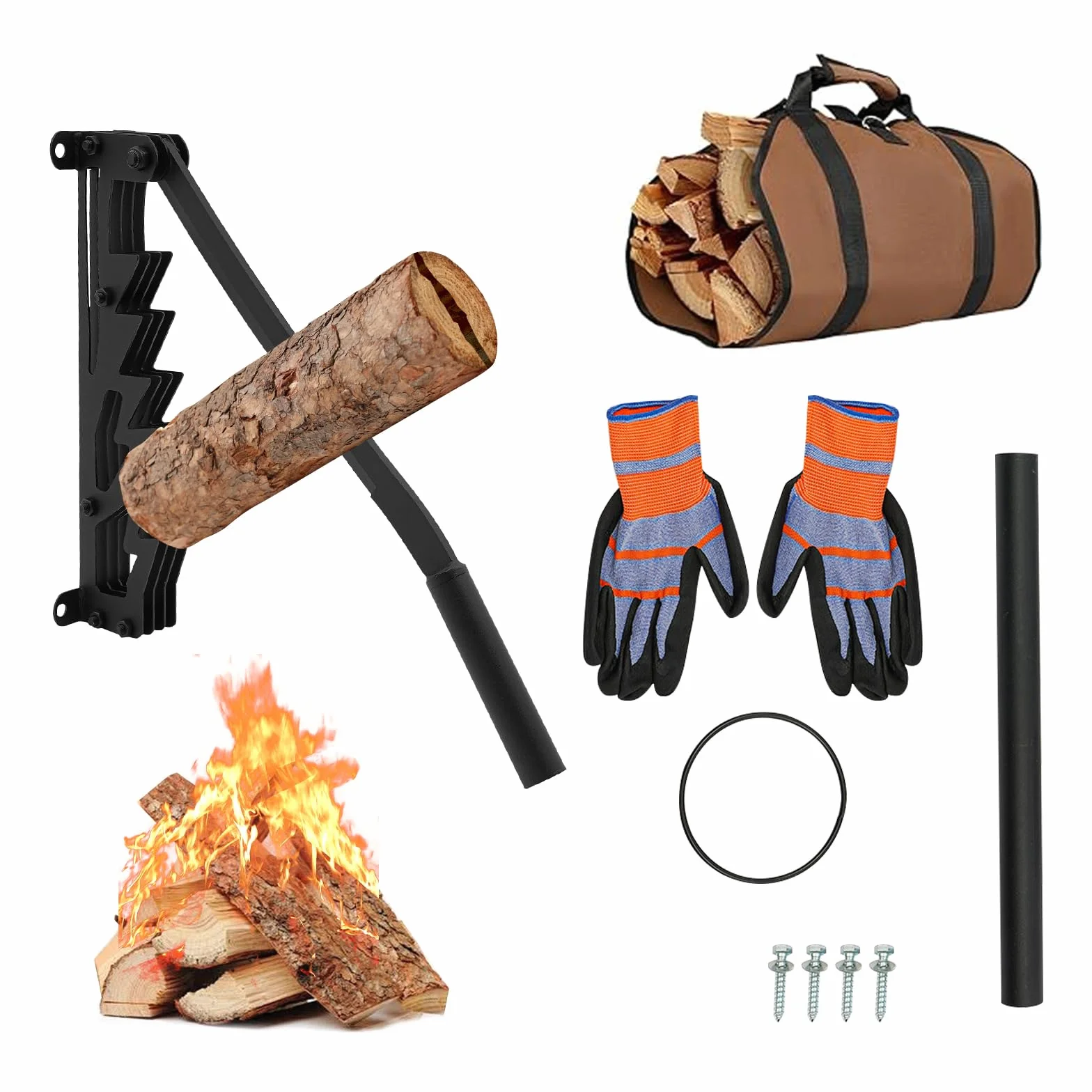 Fendeur de bûches manuel en fonte, support mural portable pour allumage de bois pour intérieur et extérieur, incl. 2 poignées détachables, porte-bois, gants et sac à bois de chauffage