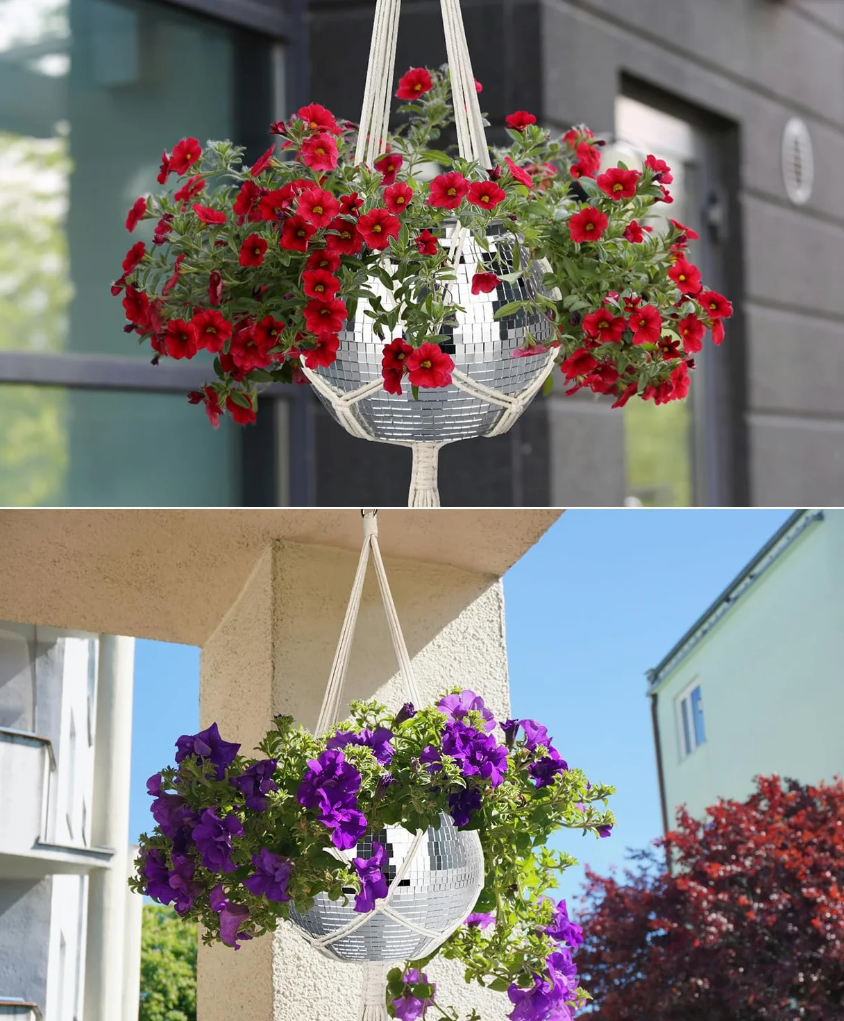 Pot de fleurs boule disco argenté de 22,9 cm avec corde de suspension, crochet | Pour la décoration