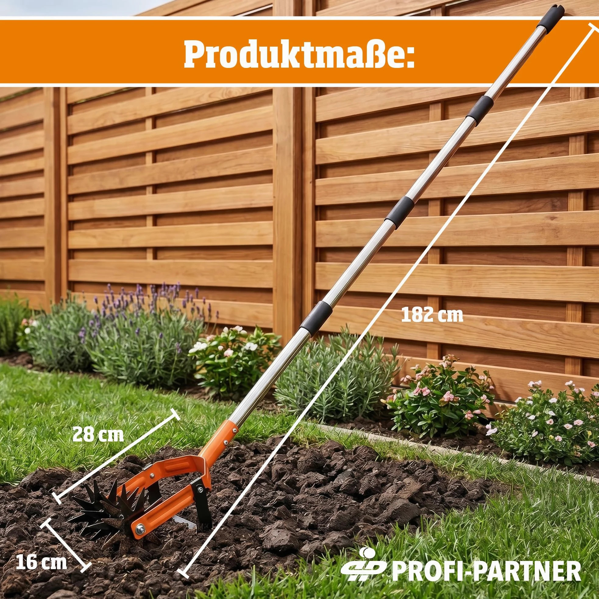 Fraise de jardin avec couteau de désherbage 2 en 1, longueur | Cultivateur de sol : 4 roues imbriquées avec 9 dents en acier au carbone chacune / lame en acier robuste / manche stable en 4