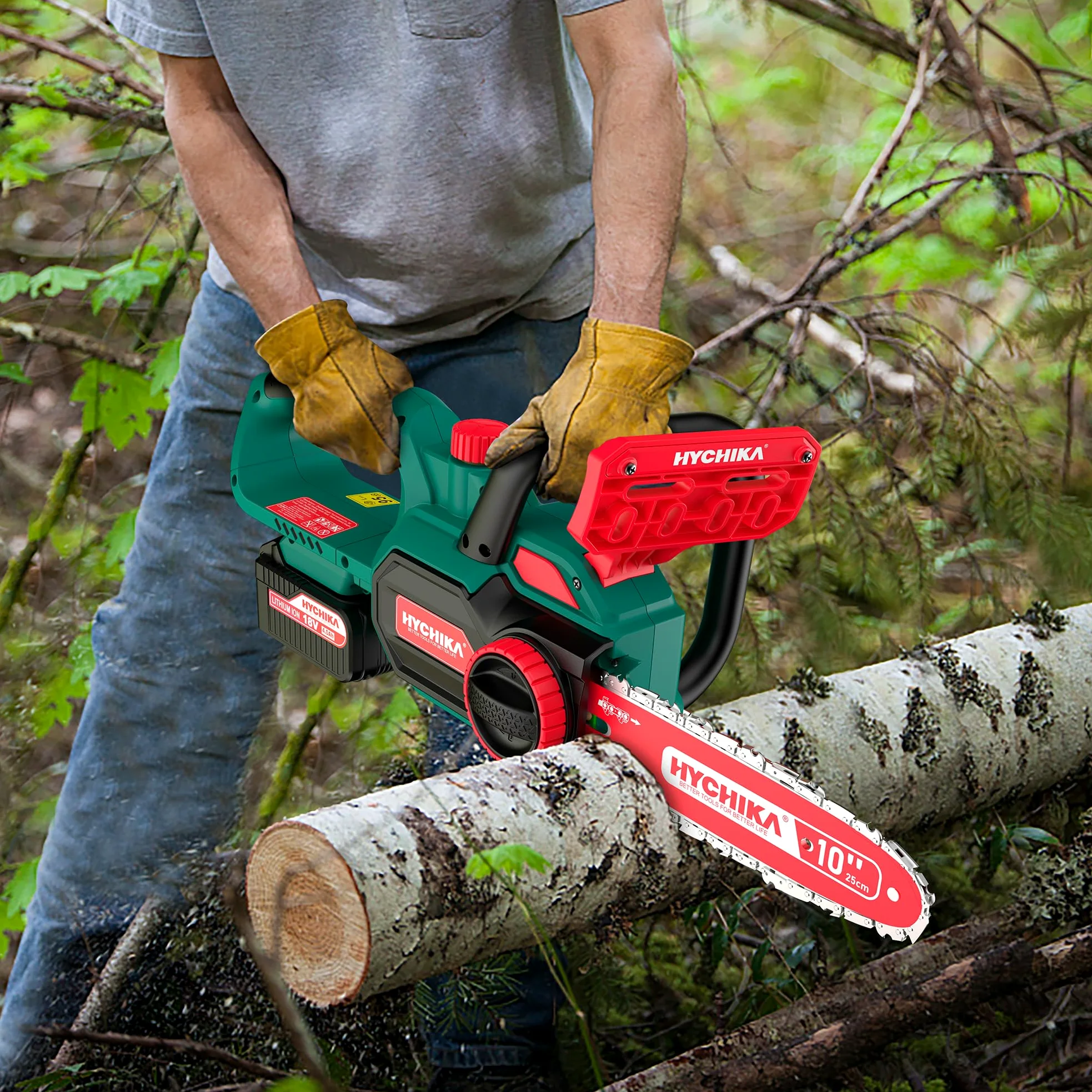 HYCHIKA – Tronçonneuse électrique avec chaîne de 25,4 cm, scie à chaîne sans fil 18 V avec batterie de 4000 mAh et chargeur, scies électriques pour couper le bois et les arbres, scie à arbre à essence