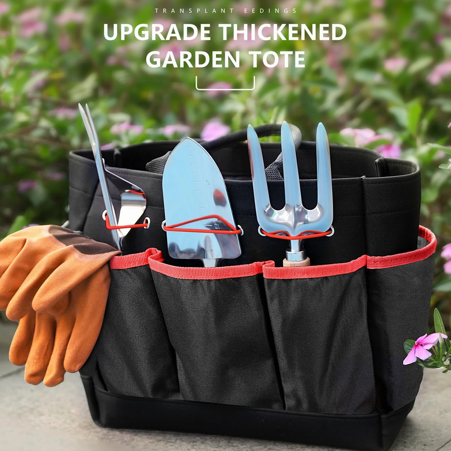 Grenebo Outils de jardinage 9 pièces robustes avec sac à main tendance et durable, ensemble d'outils de jardin antirouille, cadeau de jardinage idéal pour les femmes, noir et rouge