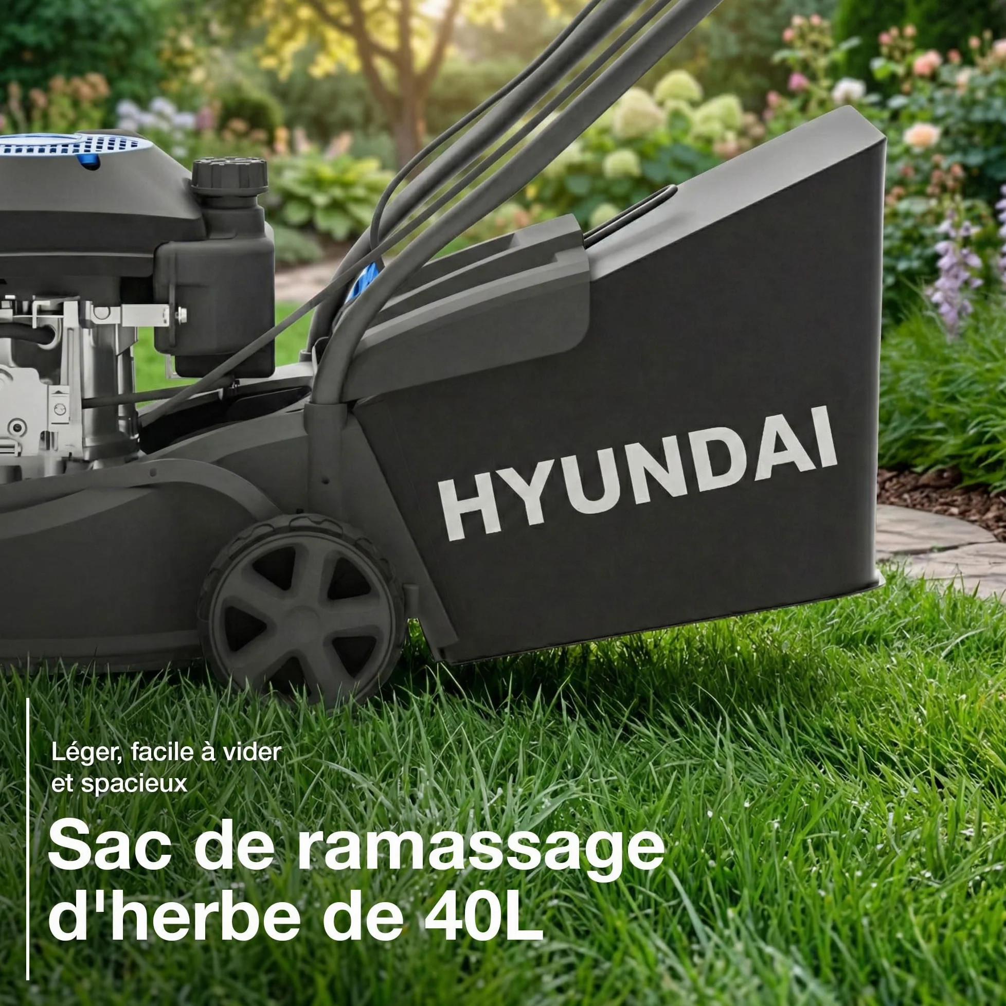 Hyundai Tondeuse à Gazon Thermique Noire 40 cm, Moteur 139 cm3 3,7 CV 4 Temps, Bac 40 L, 7 Hauteurs 25-75 mm, Poussée, Garantie 3 Ans - HYM16130PX