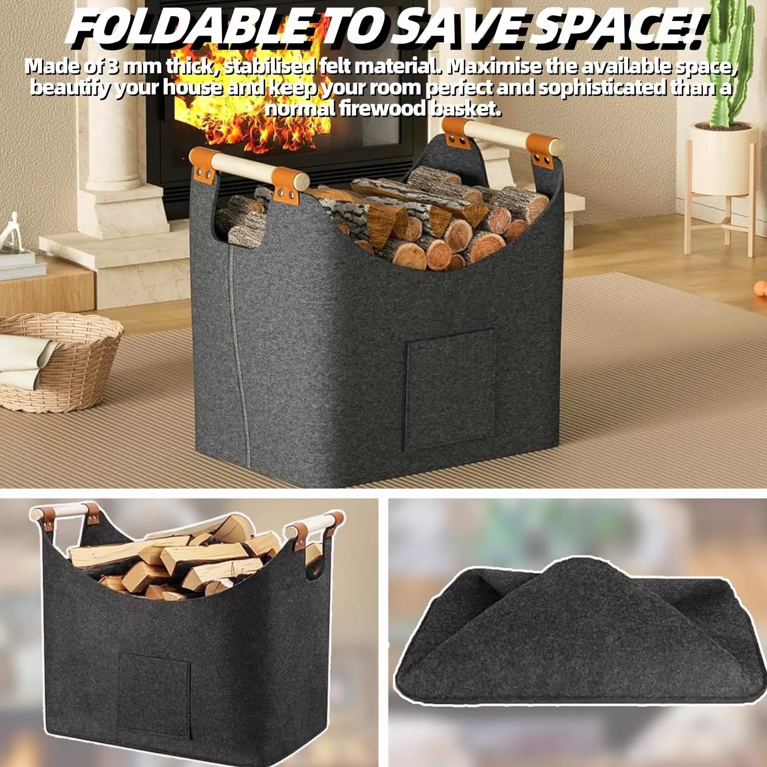 Panier à Bois de Chauffage Extra Large 50L Gris Foncé, Sac Pliable en Feutre avec Poignée Renforcée