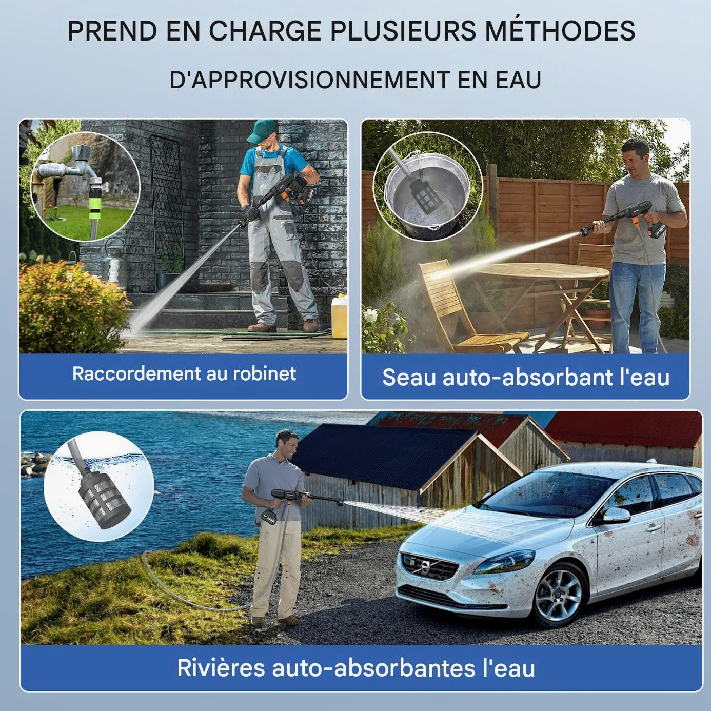 Nettoyeur Haute Pression Sans Fil, Buse 6 en 1 Pistolet Portable à Eau Haute Pression,Débit maximal 10L/min,mètres,Pression 60 bar,pour Nettoyer Les Balcons et Les Voitures (2 batteries de 20 000 mAh)