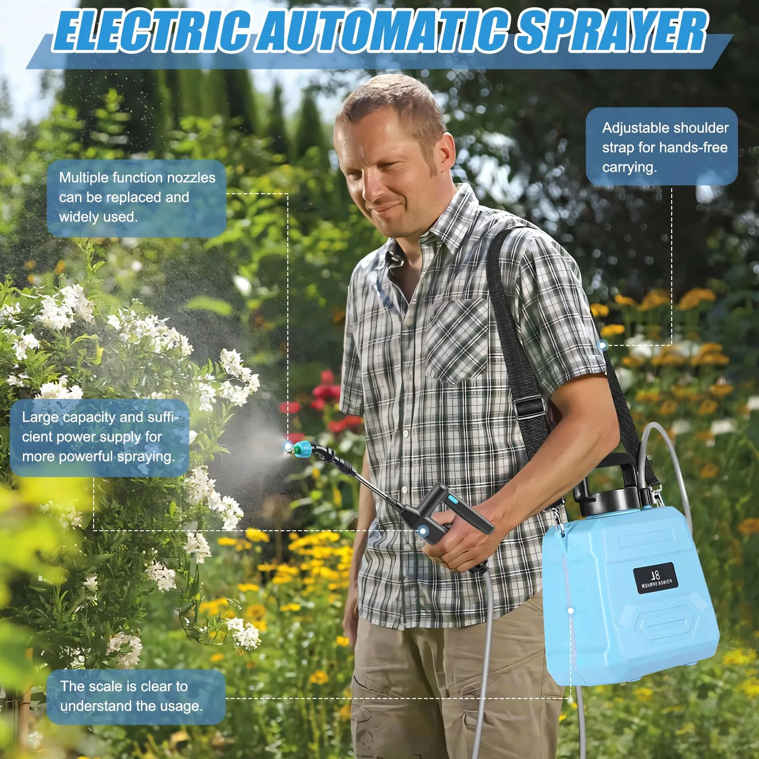 MaxAwe Pulvérisateur de jardin électrique à piles de 5 L avec poignée rechargeable par USB, pulvérisateur de mauvaises herbes avec 3 buses de brume et baguette rétractable, pulvérisateur d'eau avec
