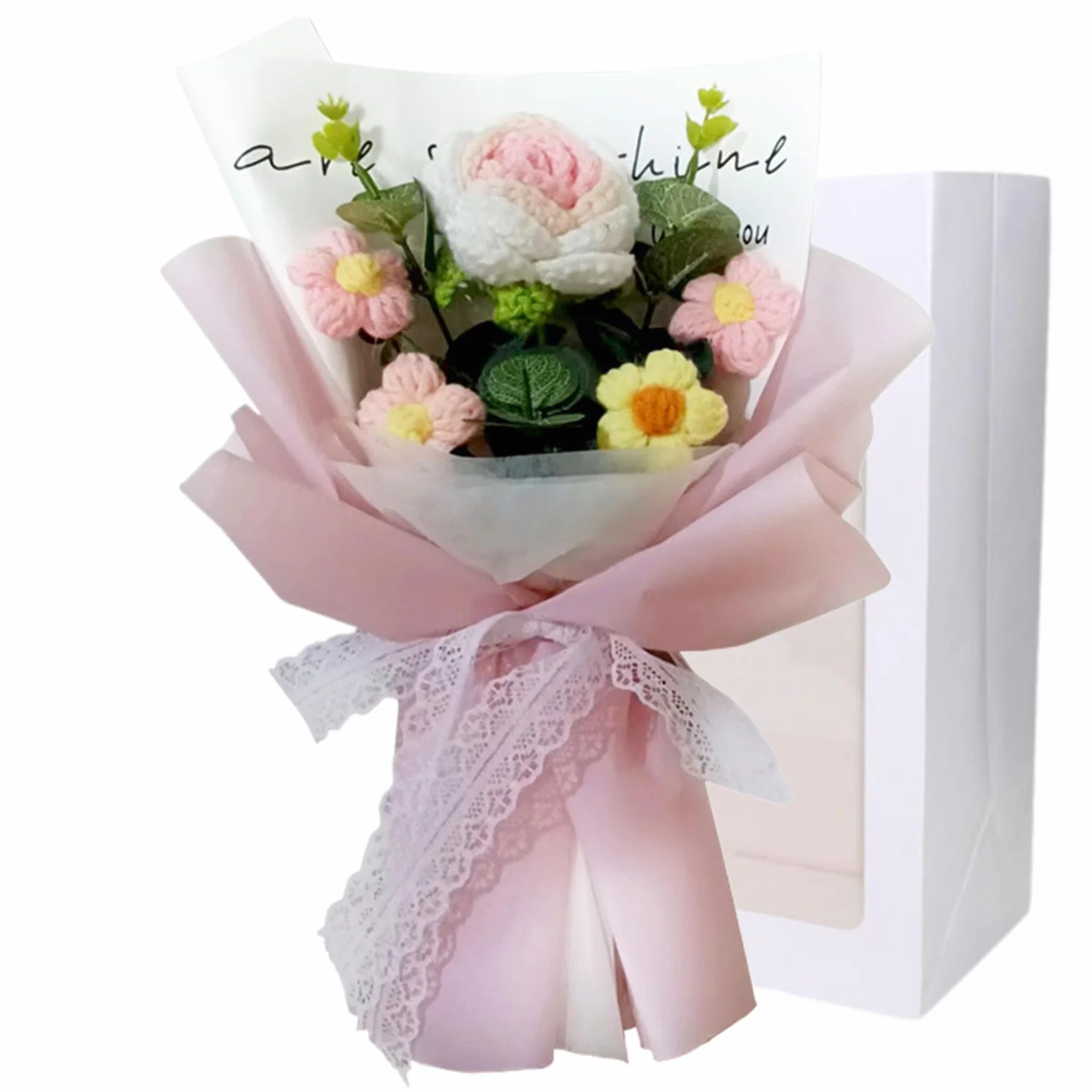 Bouquet de fleurs au crochet 5 têtes roses 7,9 x 11,8 pouces pour mariage Saint-Valentin