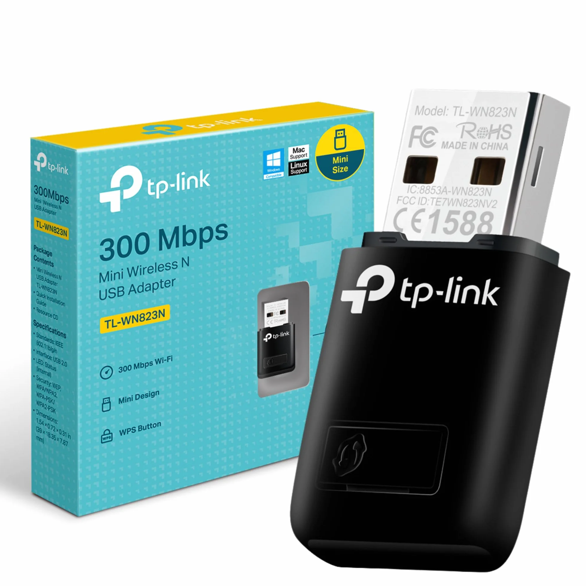 TP-Link TL-WN823N Mini Adaptateur USB WiFi N300 Mbps, Clé WiFi avec Bouton WPS, Compatible Windows 11/10/8.1/8/7/XP, Mac OS, Linux, Noir