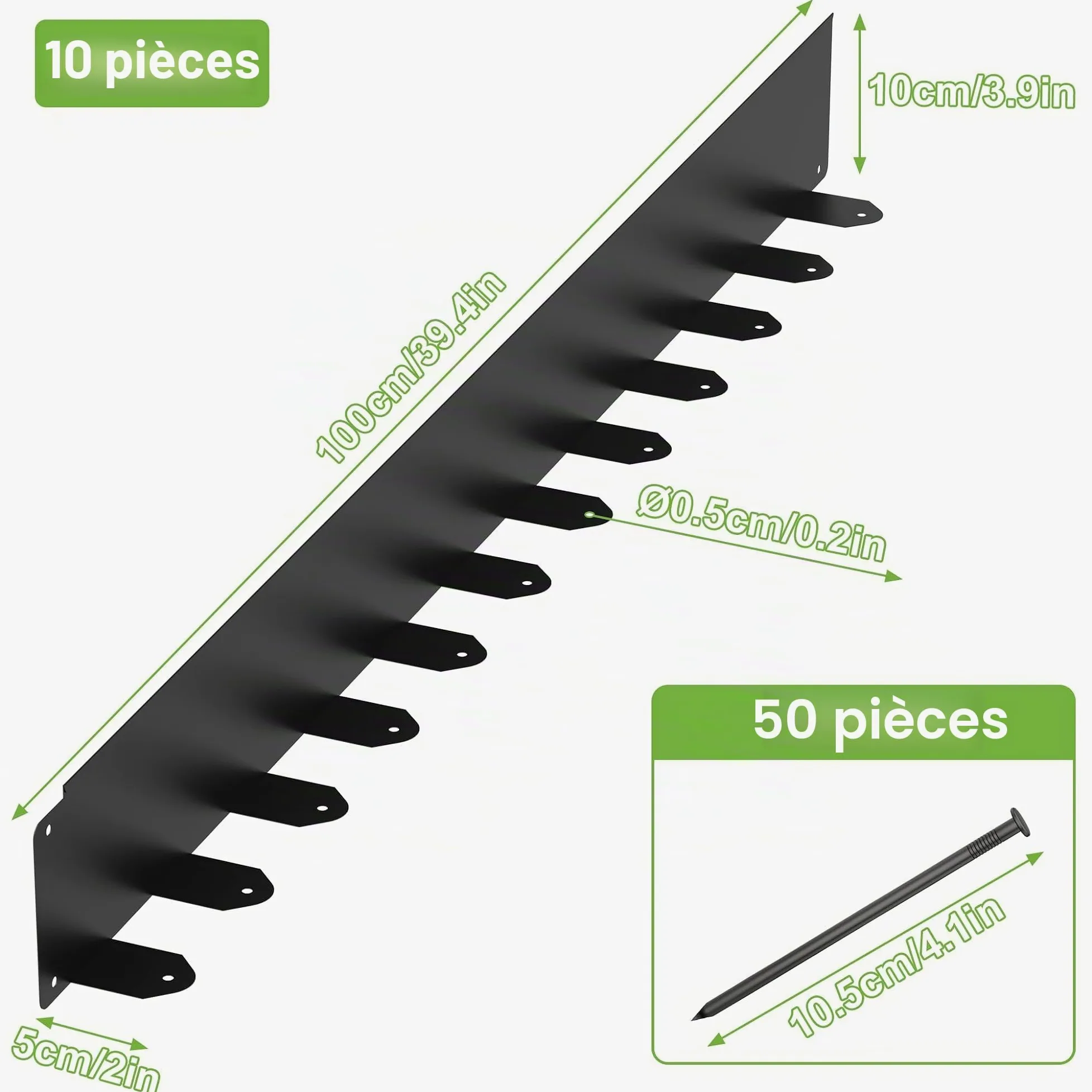 FIVMEN Lot de 10 bordures de pelouse en métal galvanisé avec 50 piquets d'ancrage - délimitation flexible de parterre - Noir - 100 x 10 cm