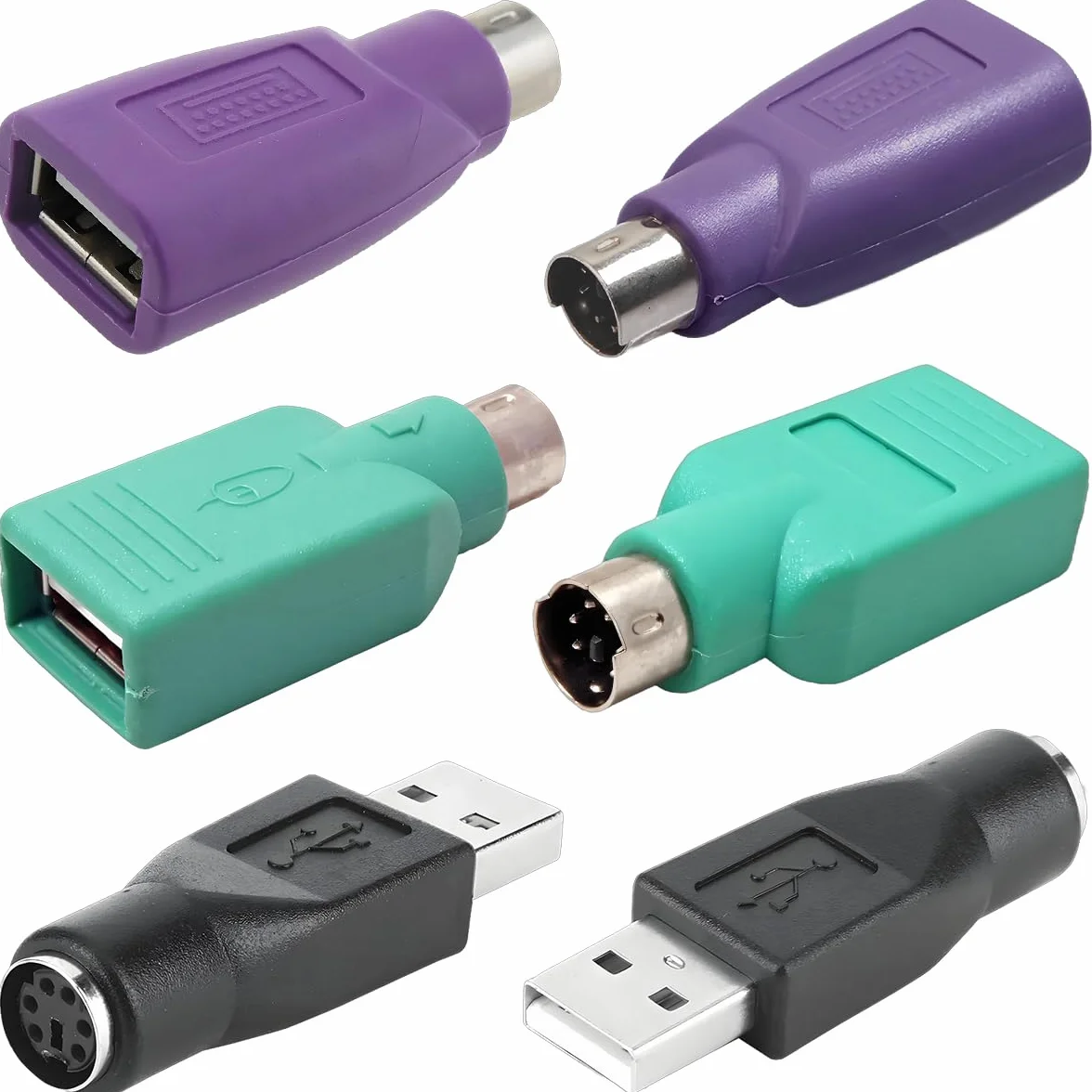 Adaptateurs PS2 vers USB Remplacement pour Souris et Clavier, Lot de 2 Convertisseurs PS2 Femelle vers USB A Mâle (Vert, Violet, Noir)