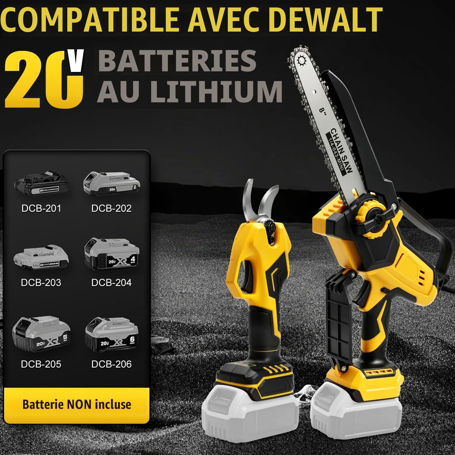 Mini Tronconneuse avec Perche 8 Pouces & Secateur Electrique 28 mm | Telescopique, pour Dewalt 18 V, 20 V Batterie, 4 en 1 Élagueuse sur Perche, Portée Maximale 4,5 m