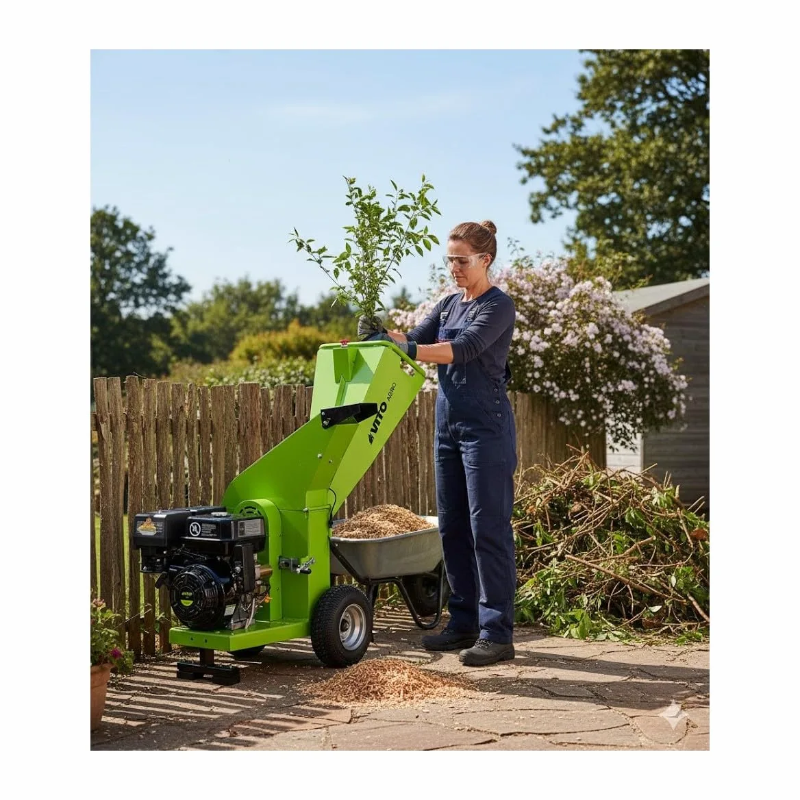 VITO - Broyeur de végétaux Thermique 7CV Coupe Branches Ø 70mm 2 Lames Moteur 4T 208Cm3 Roues gonflées Déplacement avec Poignées de déplacement