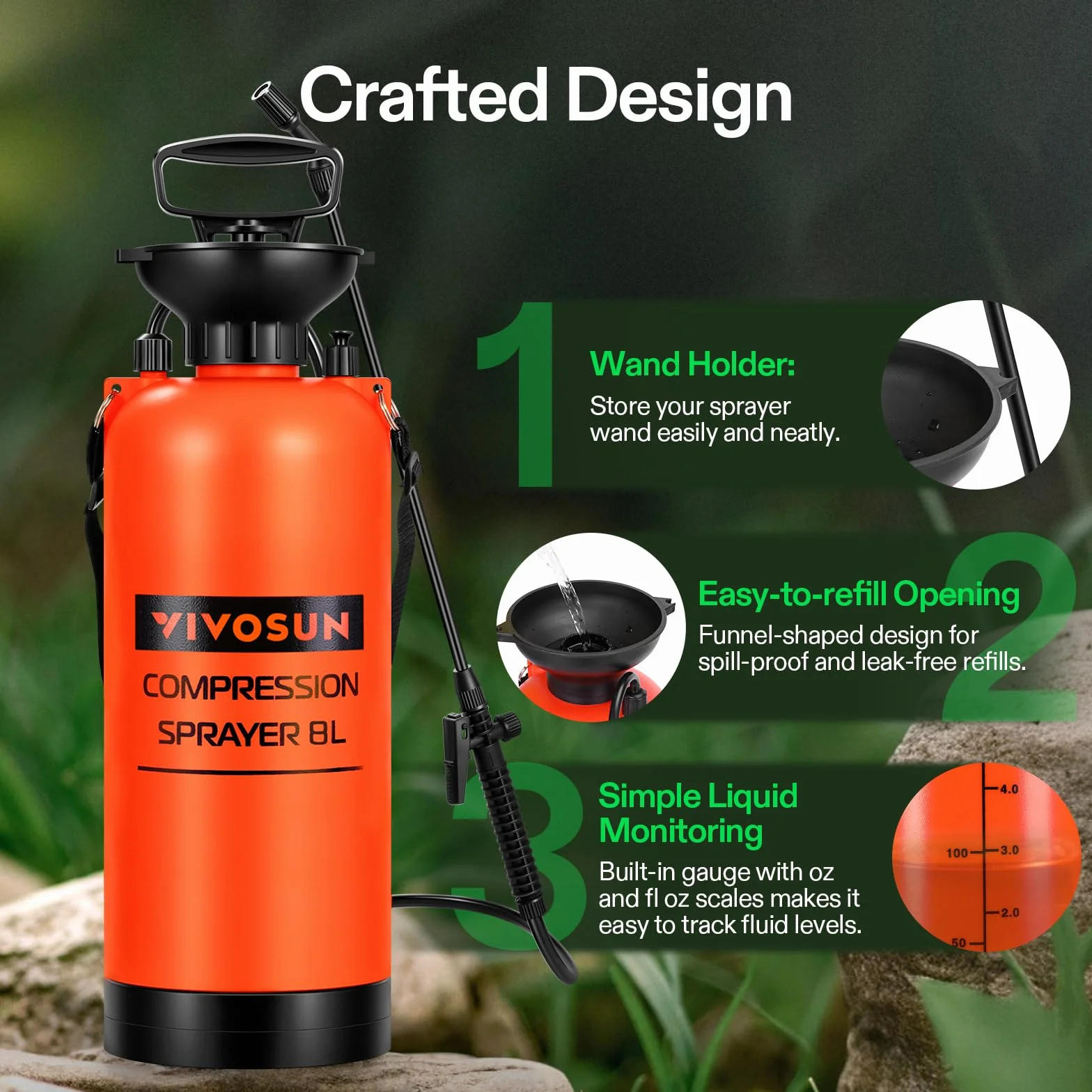 VIVOSUN Pulvérisateur à Pression 8L avec Sangle d'Épaule Réglable, Flacon d'Eau Pressurisé pour Pelouse et Jardin, pour l'Arrosage des Plantes, l'Entretien du Jardin et le Nettoyage Domestique, Orange