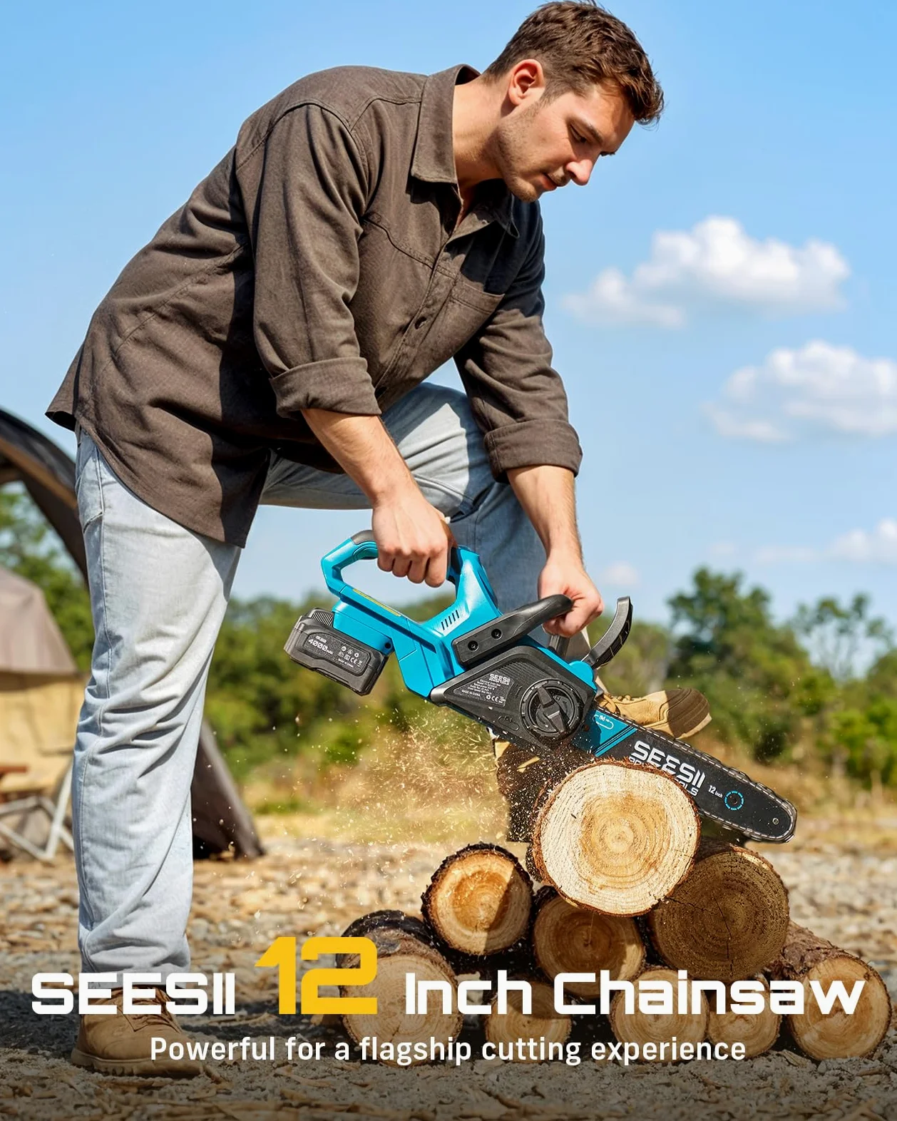 SEESII Tronçonneuse électrique sans fil de 30,5 cm, scie à chaîne portable avec 2 batteries de 4,0 Ah, scie à arbre avec tension de chaîne sans outil, huilage automatique pour coupe du bois