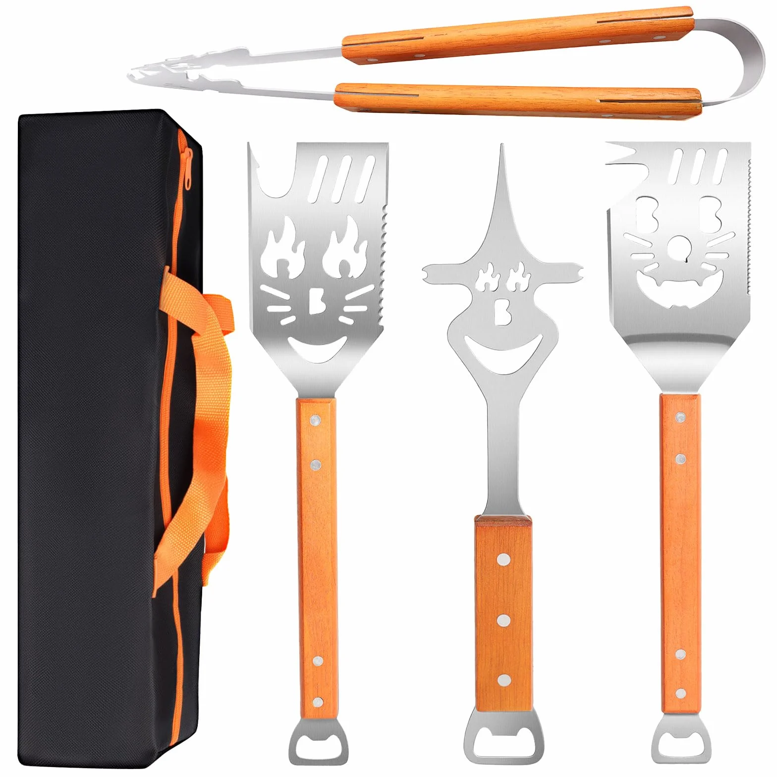 Ensemble d'ustensiles de barbecue en acier inoxydable 4 pièces avec pinces, spatule, fourchette à viande, manches en bois