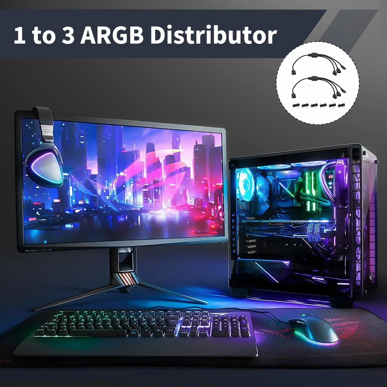 Câble Répartiteur PC ARGB 1 vers 3, Extension LED 5V 3 Broches, Compatible ASUS Aura MSI Mystic Gigabyte RGB Fusion