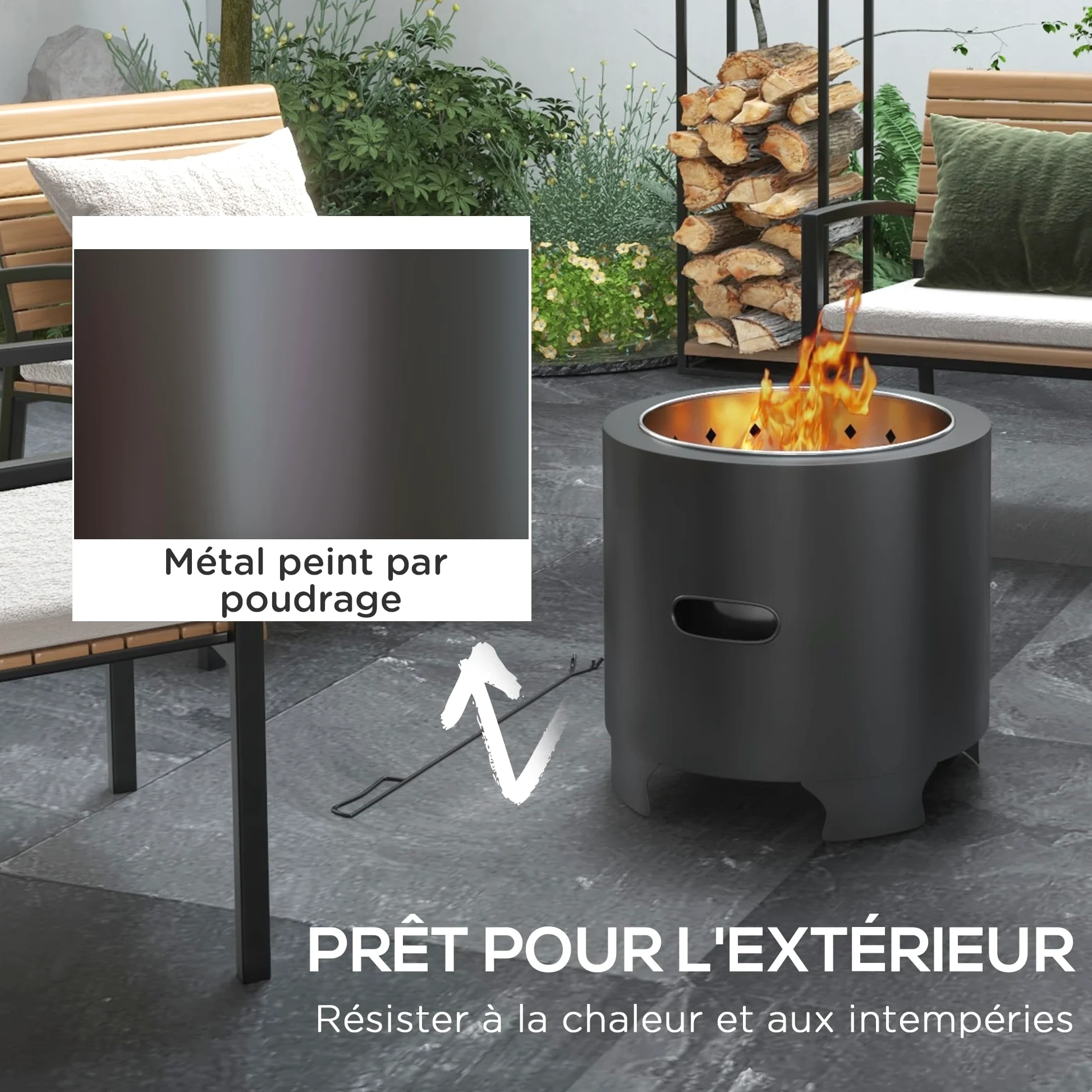 Outsunny Brasero sans fumée Rond Portable diamètre 45 cm Noir | foyer à bois extérieur, pot intérieur en acier inoxydable, tisonnier, poignées rainurées