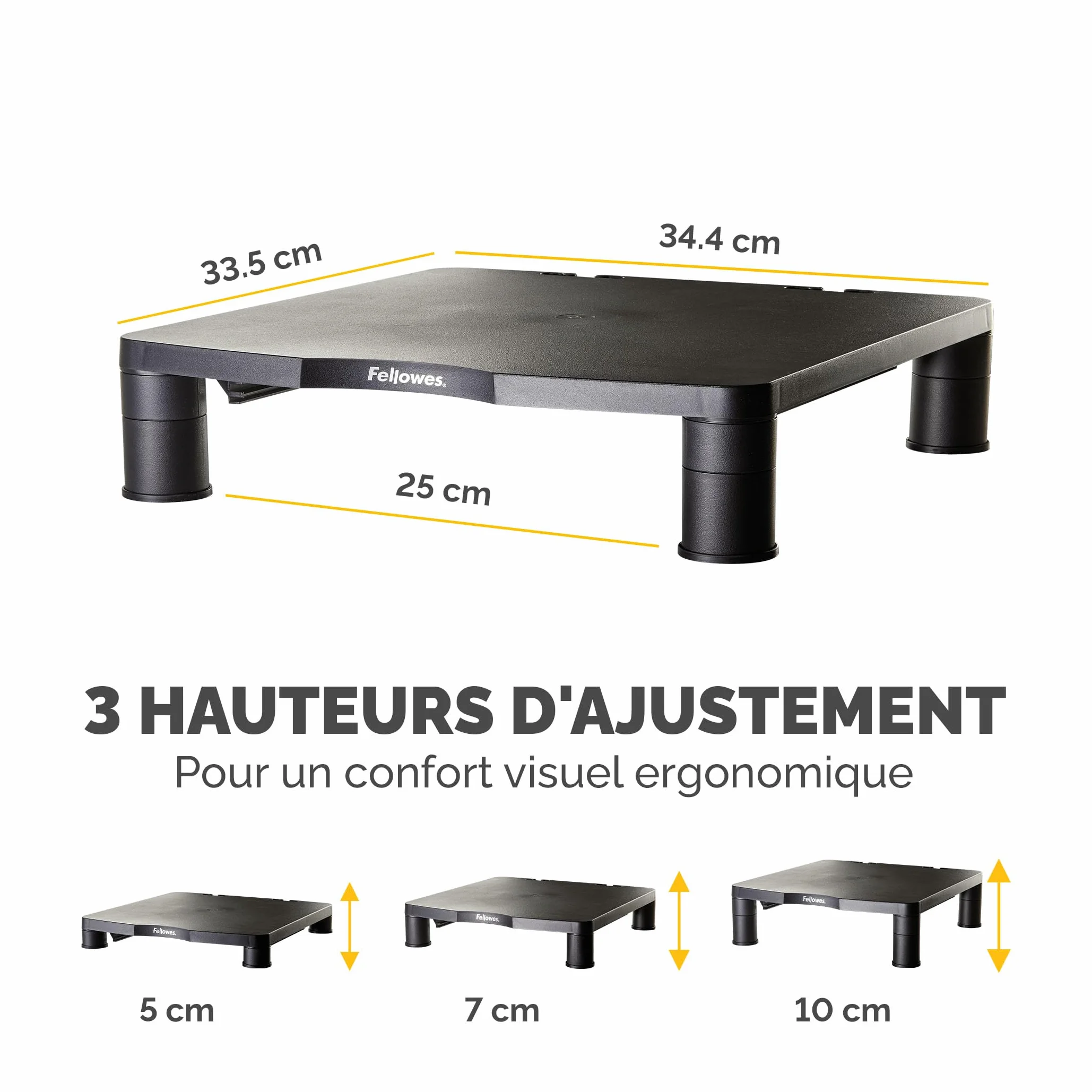 Fellowes Support d'écran Everyday Noir Réglable en Hauteur 3 Niveaux Ergonomique Gestion des câbles Charge Max 27 kg