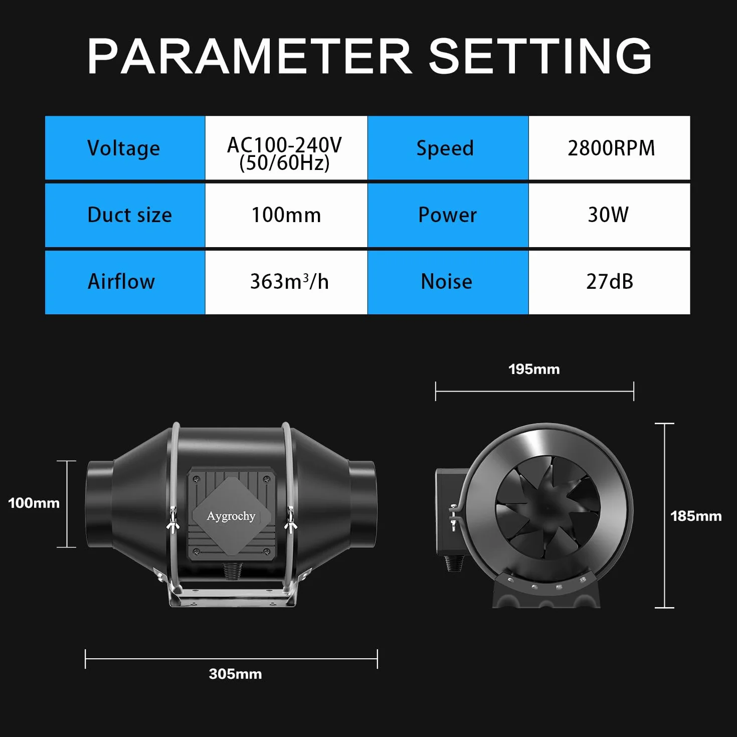 Aygrochy Extracteur d'Air 100mm 30W Moteur EC triphasé 2800 tr/min Ventilateur d'Extraction