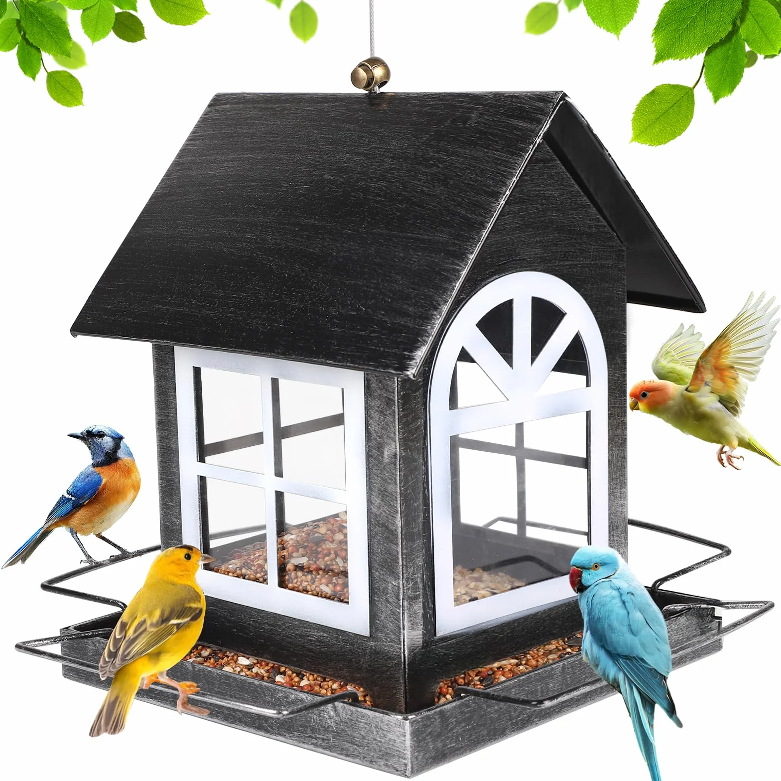 SWAWIS Mangeoire Oiseaux Exterieur Suspendre Métal 14,5x18,5x23 cm Noir