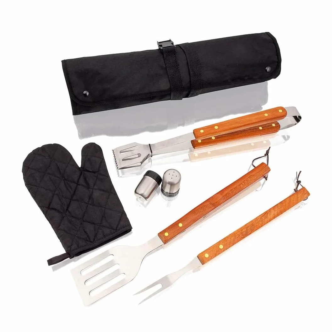 Set Barbecue Professionnel 7 Ustensiles Acier Inoxydable Kit Accessoires Grille Gant Matelassé Noir