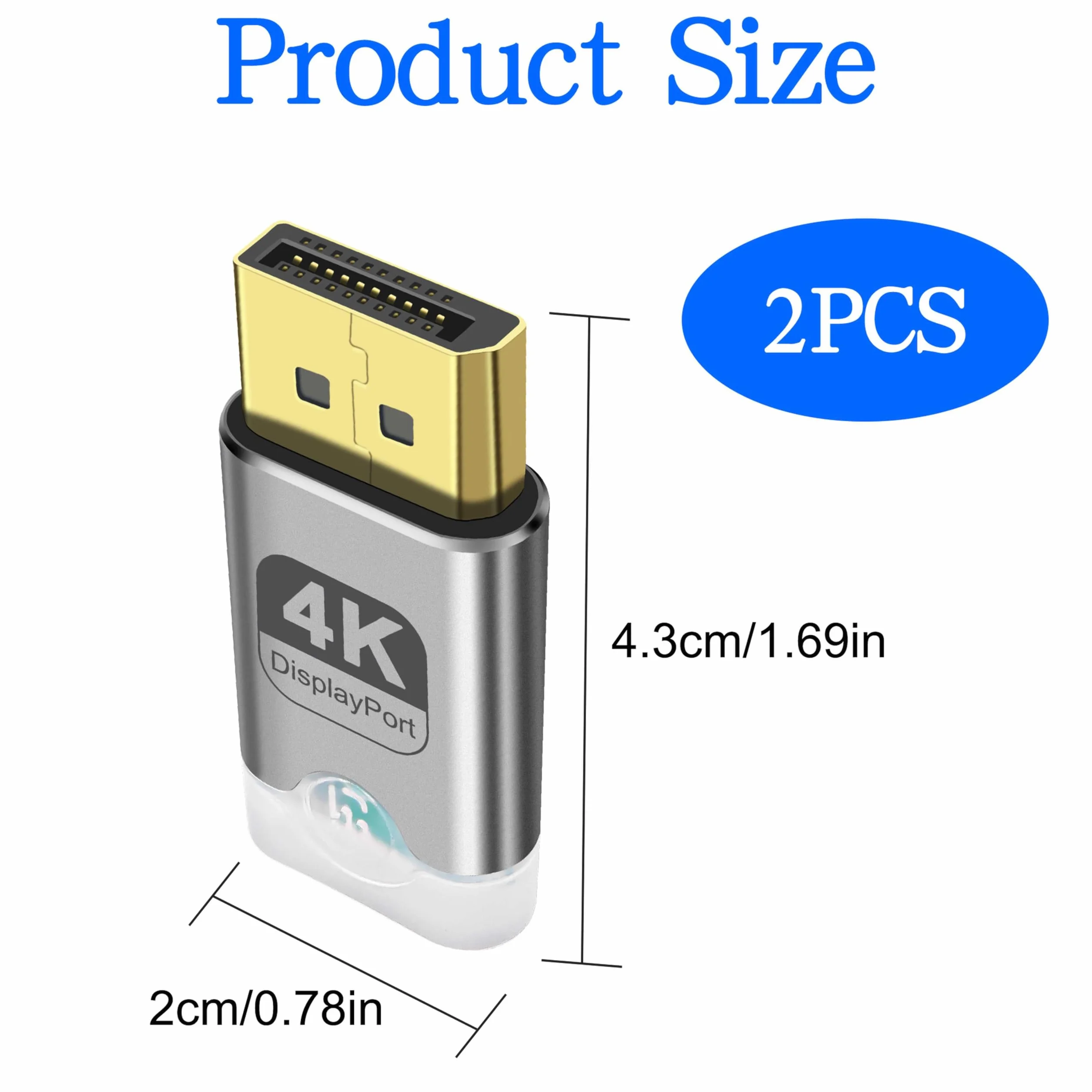 Lot de 2 émulateurs DisplayPort 4K DP sans tête avec lumière LED - Adaptateur d'affichage virtuel 3840 x 2160 @ 60 Hz