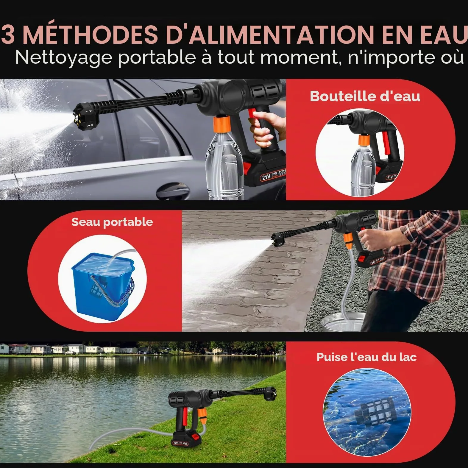 Nettoyeur haute pression sans fil portable, 30 bar, buse réglable 5 en 1, rotatif 180°, 24 V, pour voiture et piscine (deux batteries)