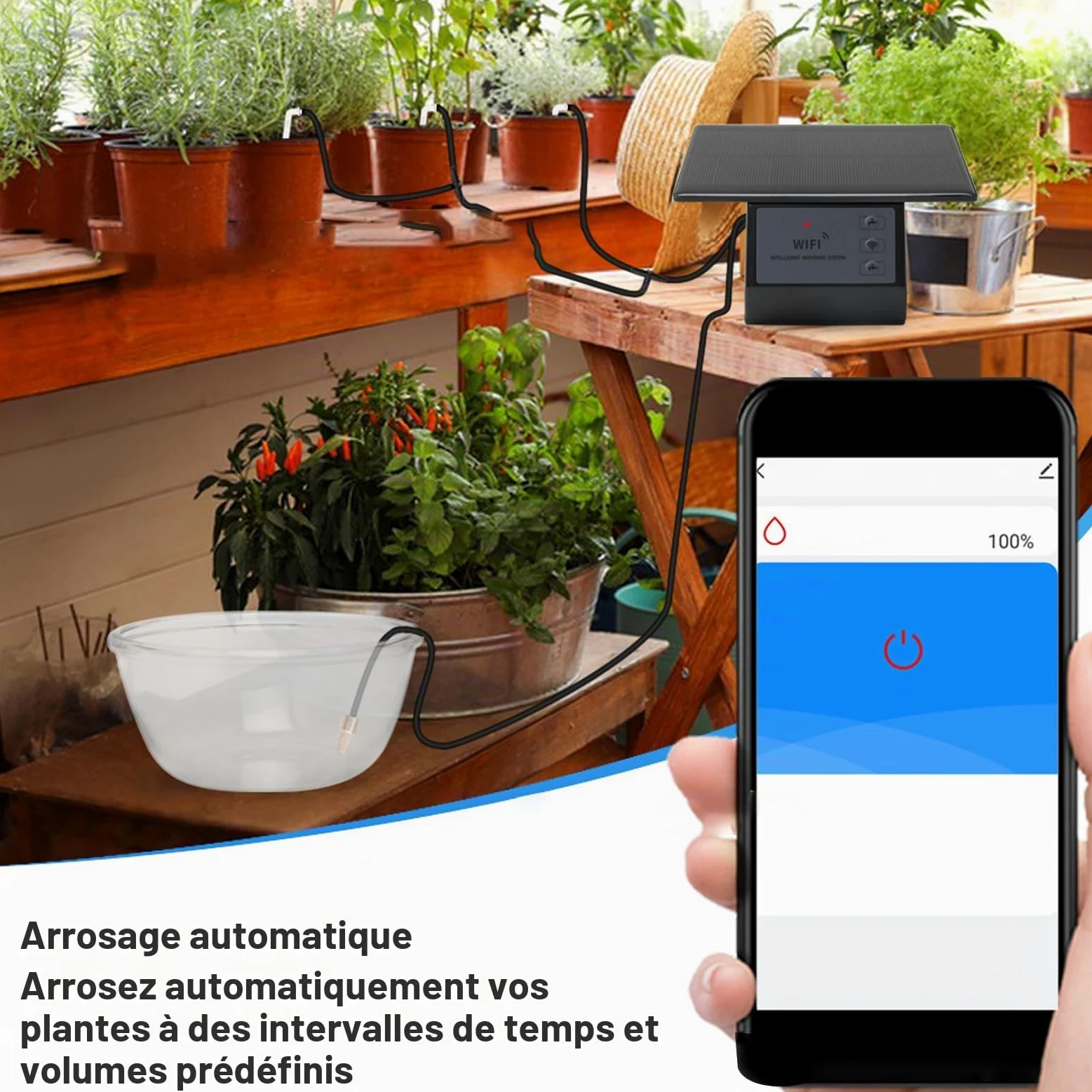 Greensen Kit d'Irrigation à Goutte Solaire avec Batterie 2000mAh, Contrôle WiFi, Système d'Arrosage Automatique pour Balcons, Jardins, Patios