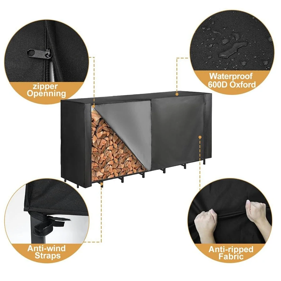 Housse pour bois de chauffage résistante aux intempéries pour porte-bûches de 2,4 m, tissu 600D pour usage extérieur, noir