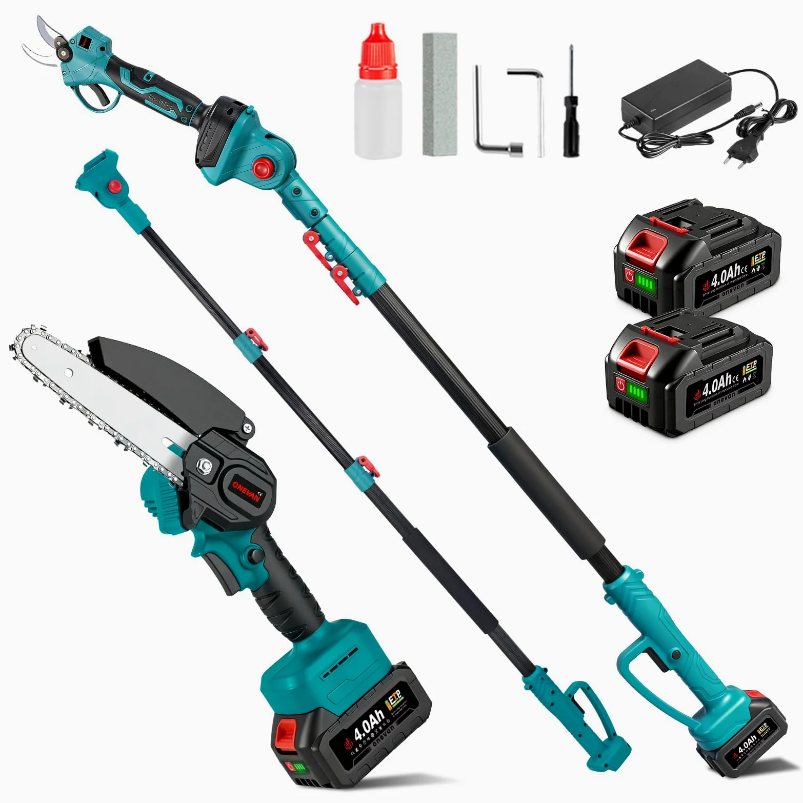 ONEVAN Élagueuse sur Perche Télescopique sans Fil 4-en-1 avec 2 Batteries | 15cm Tronçonneuse, 25mm Sécateur, 2.6m Perche, 180° Tête pivotante, Moteur Brushless, SK5-Lames, Élagage en hauteur, Jardin