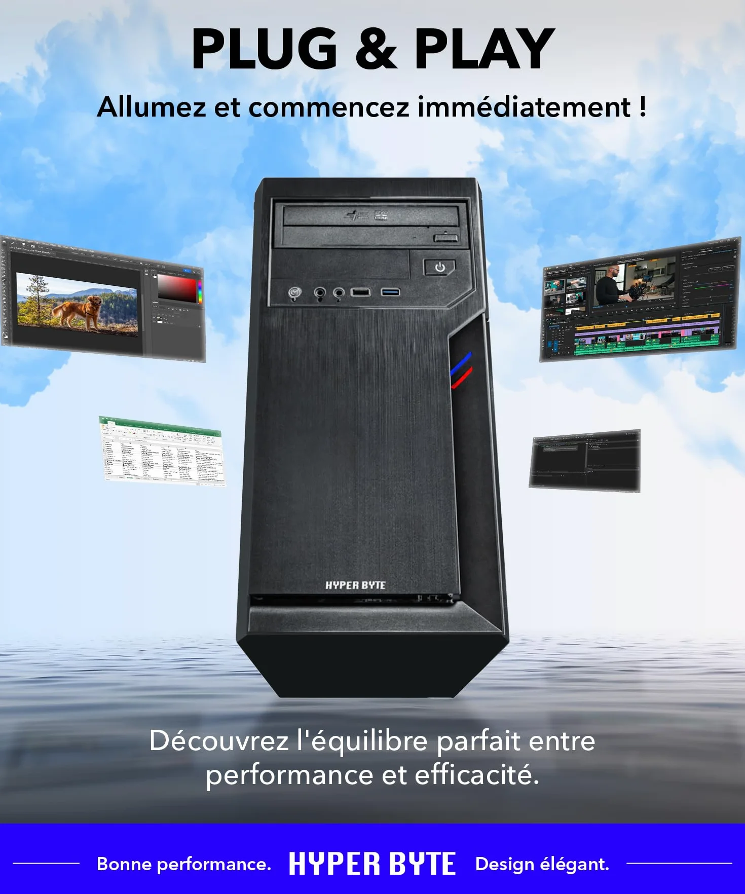 HYPER BYTE® PC de Bureau Intel Core i5 10400F NVIDIA GT 730 4,4 GHz 16 Go RAM DDR4 SSD 512 Go Windows 11 Pro Wi-Fi DVD+RW USB 3.0
