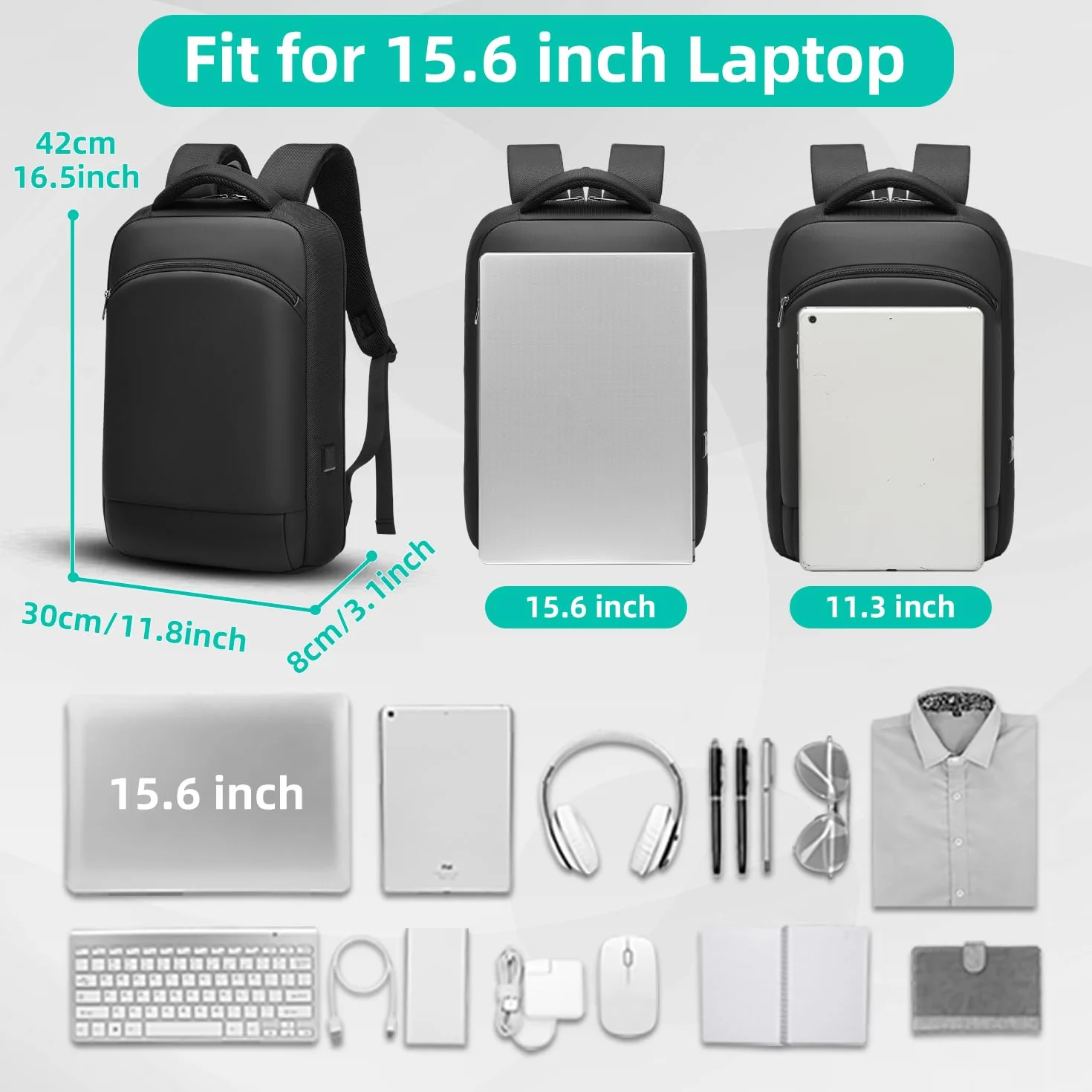 Sac à Dos PC Portable 15.6 Pouces Homme Impermeable USB Charging Port Voyage Travail Noir
