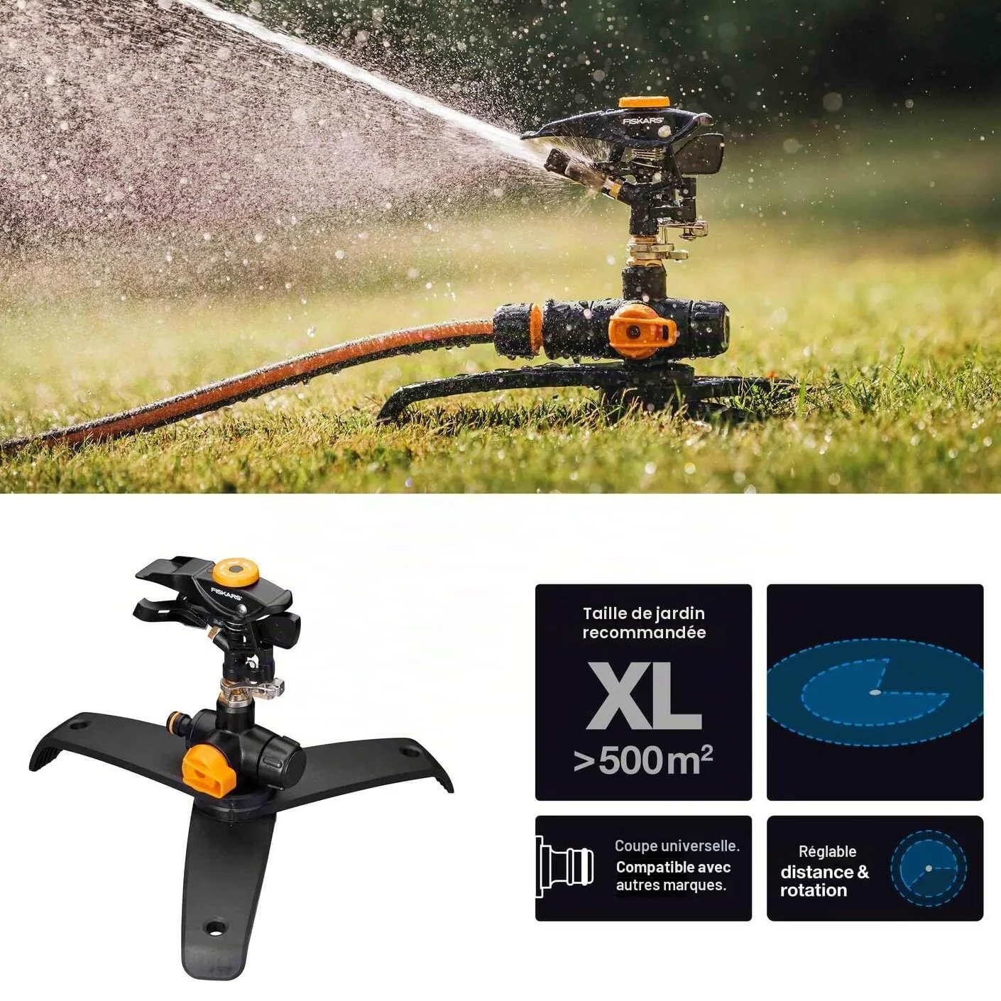Fiskars Arroseur à Pulsations XL, Valve on/Off, avec contrôle du Schémé de Pulvérisation et contrôle de la Rotation, Taille Universelle, portée de Ø 26 m, 600 g, Noir/Orange, 1027050 | Taille universelle, portée de Ø 26 m, 600 g, noir/orange, 1027050